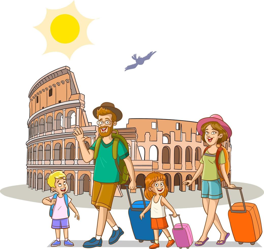 linda familia yendo en vacaciones a Italia y antecedentes coliseo vector ilustración