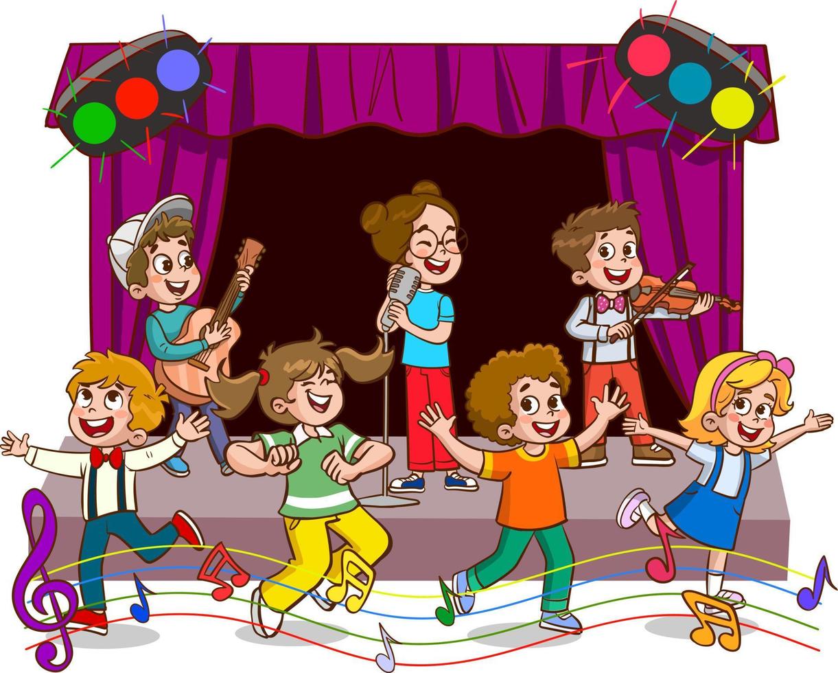 Cartoon group of children singing and dancing in the school choir vector