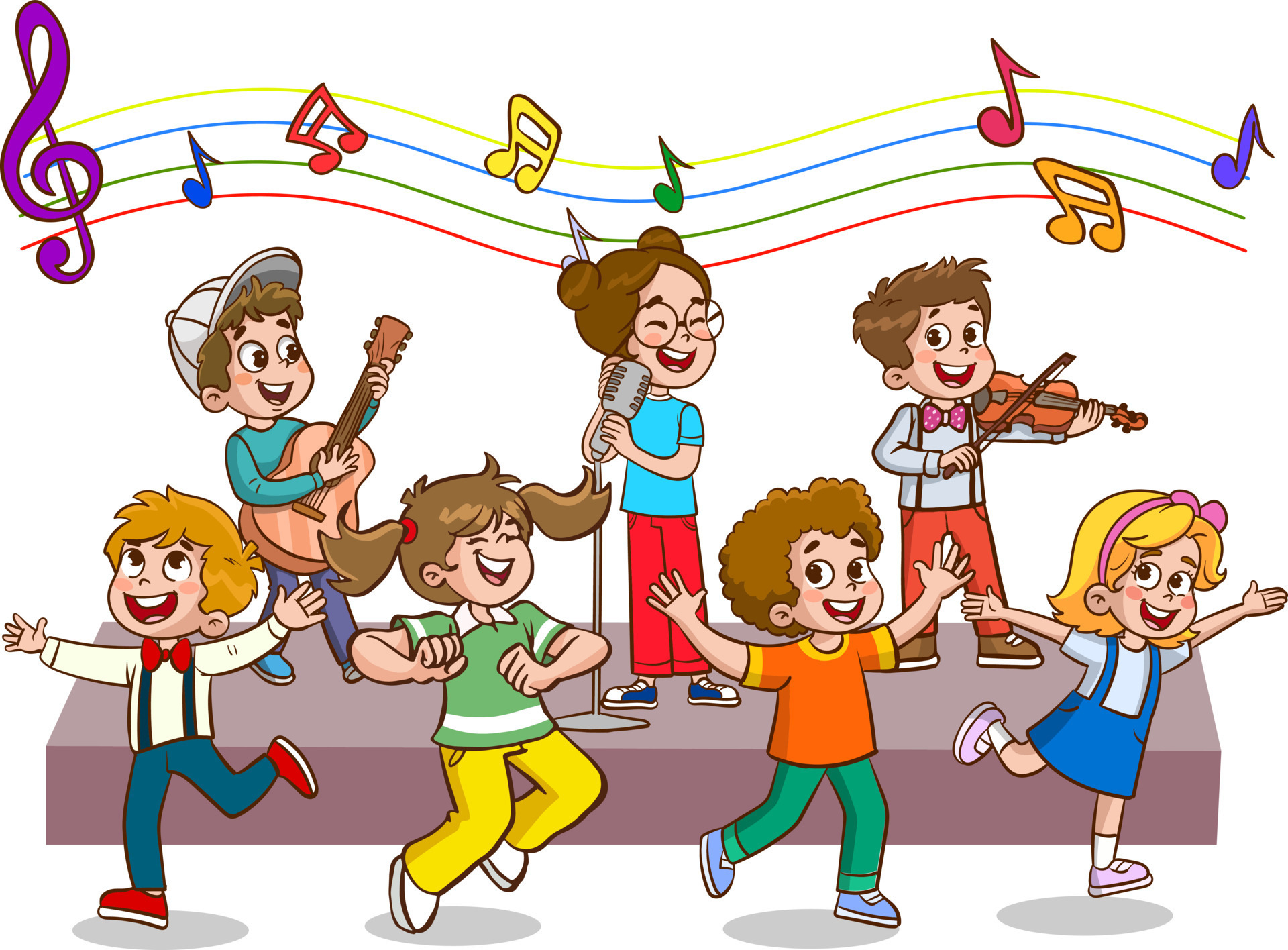 Cartoon group of children singing and dancing in the school choir ...