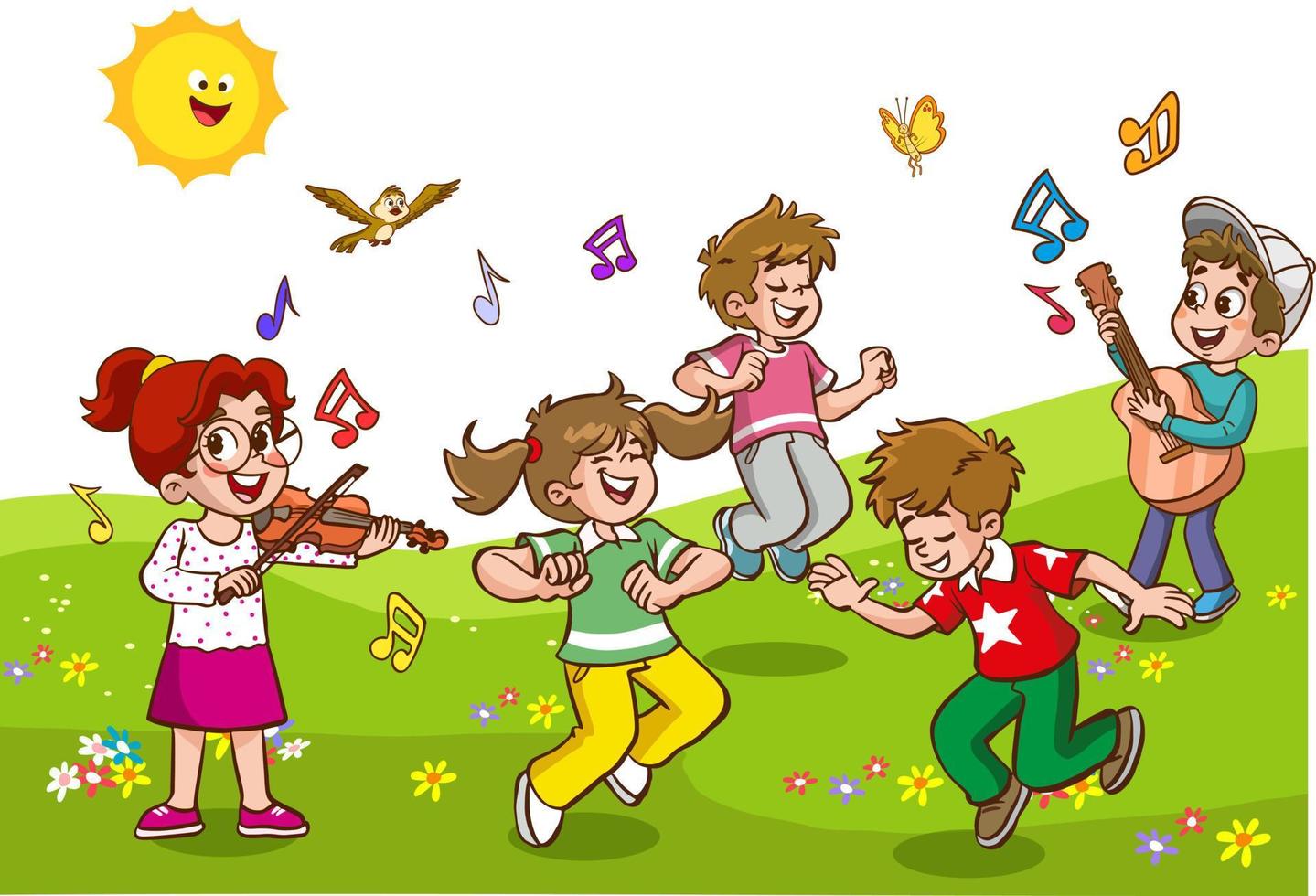 dibujos animados grupo de niños canto y bailando en el colegio coro vector