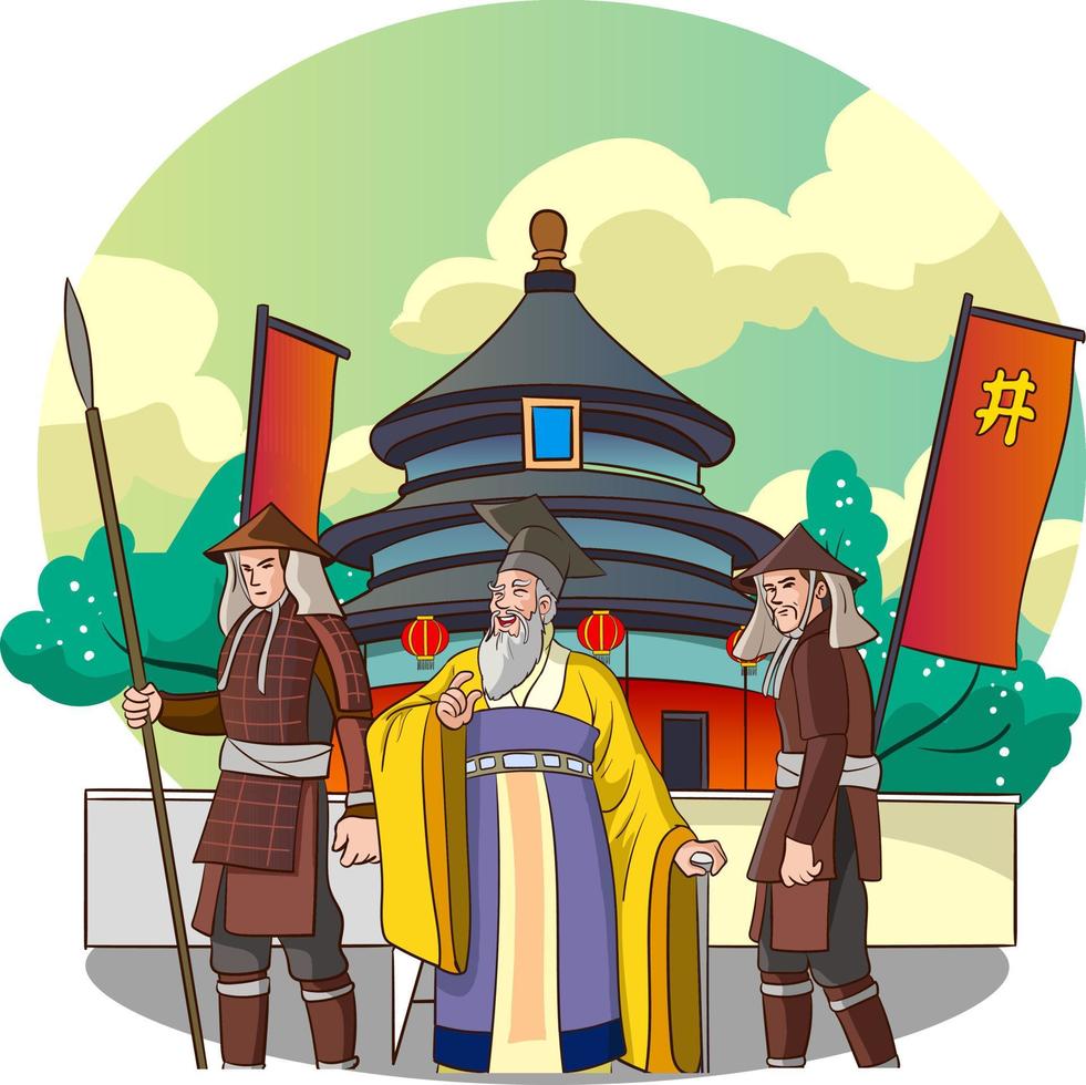 khan japonés, chino, mongol. guerrero oriental sentado en posición de loto en el suelo. hombre oriental en casco y con arco y espada. lindo personaje de dibujos animados. aislado vector