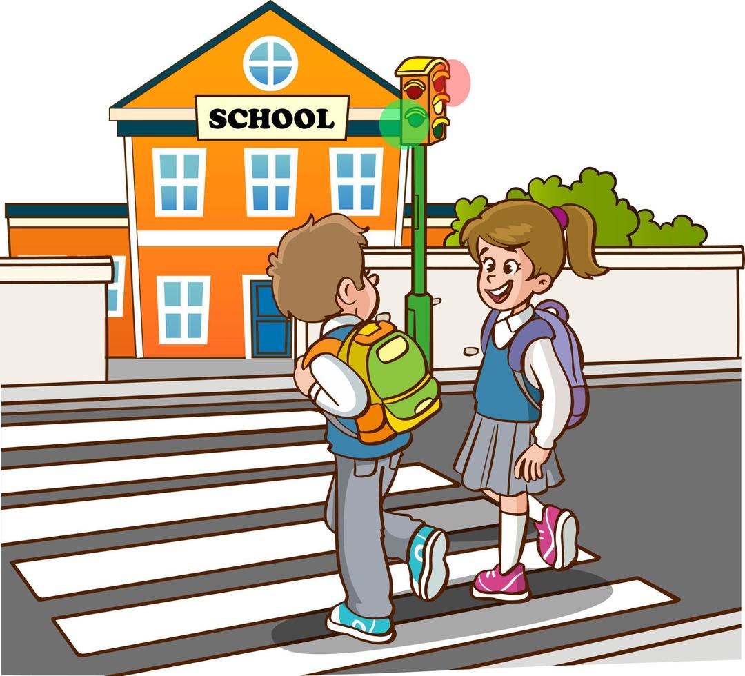 student children crossing pedestrian crossing going to school vector