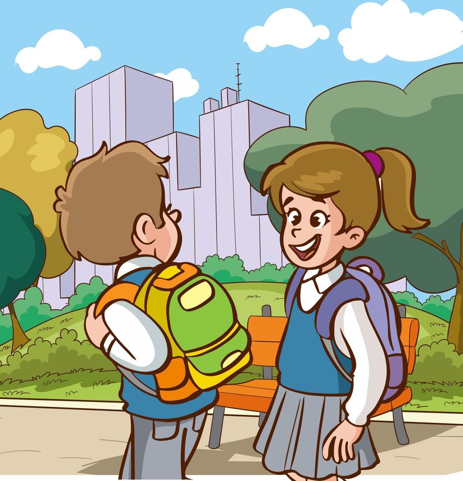 children going to school cartoon vector