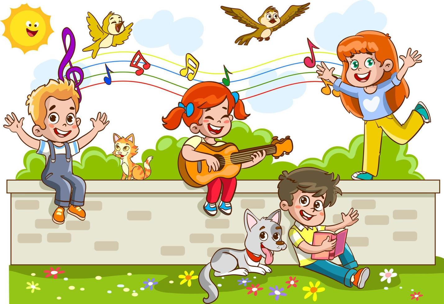 Children playing on the wall and singing vector