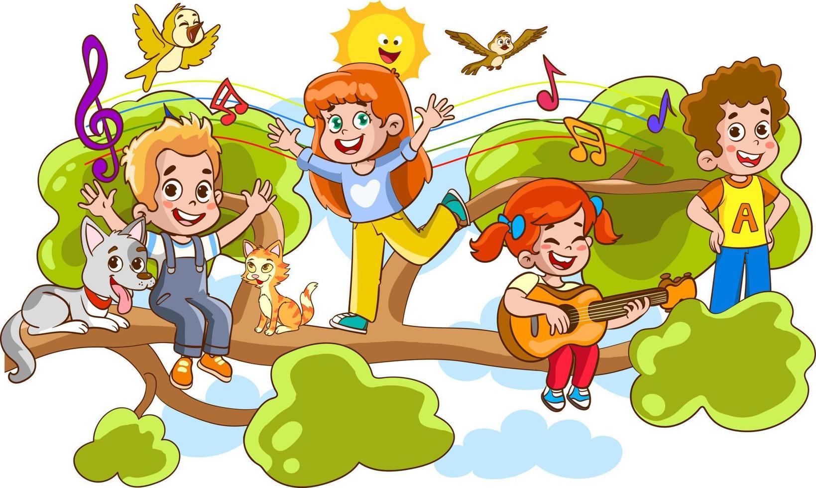 Children hung on a tree branch on sunny day cartoon vector