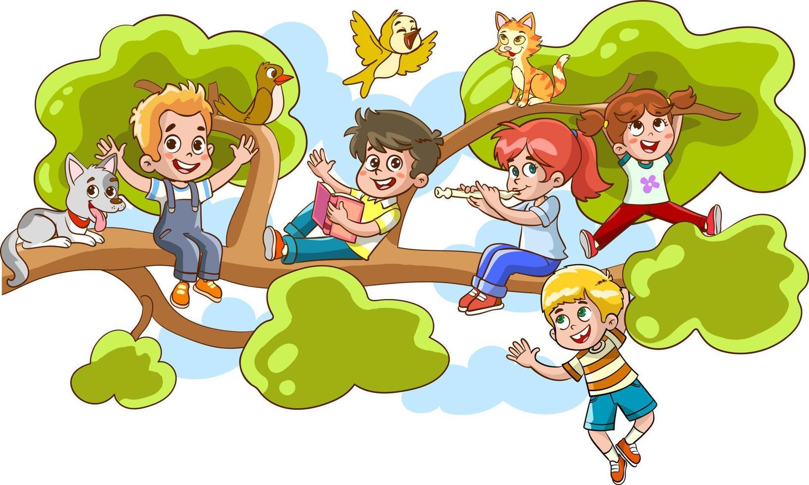 Children hung on a tree branch on sunny day cartoon vector