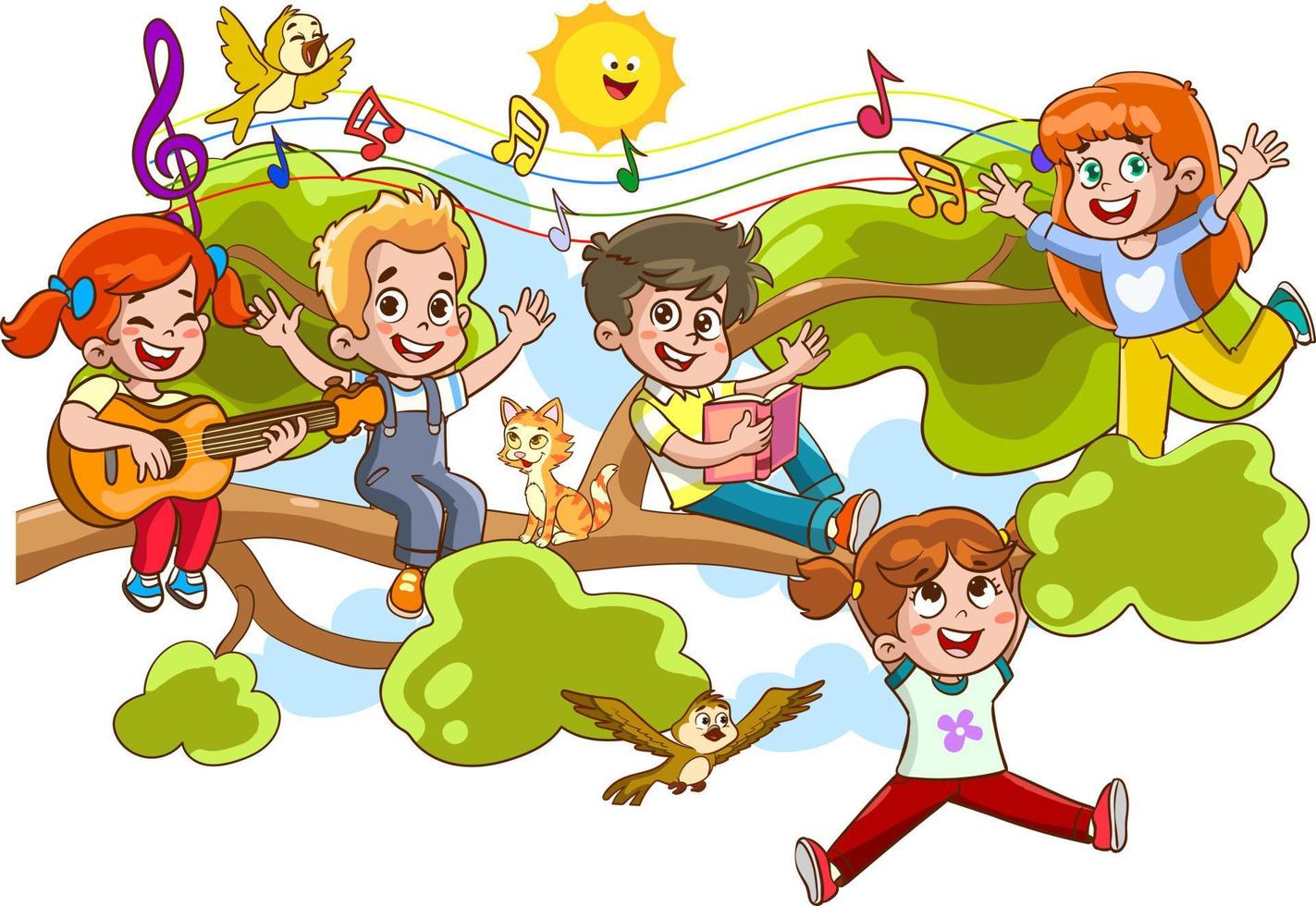 Children hung on a tree branch on sunny day cartoon vector