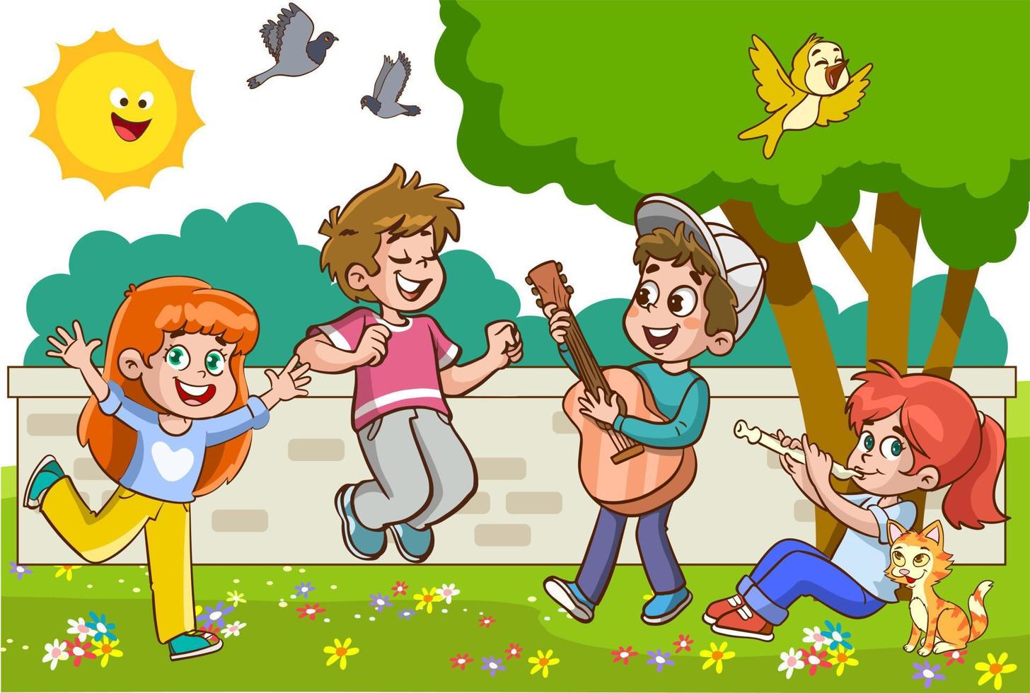 niños canto y bailando dibujos animados vector