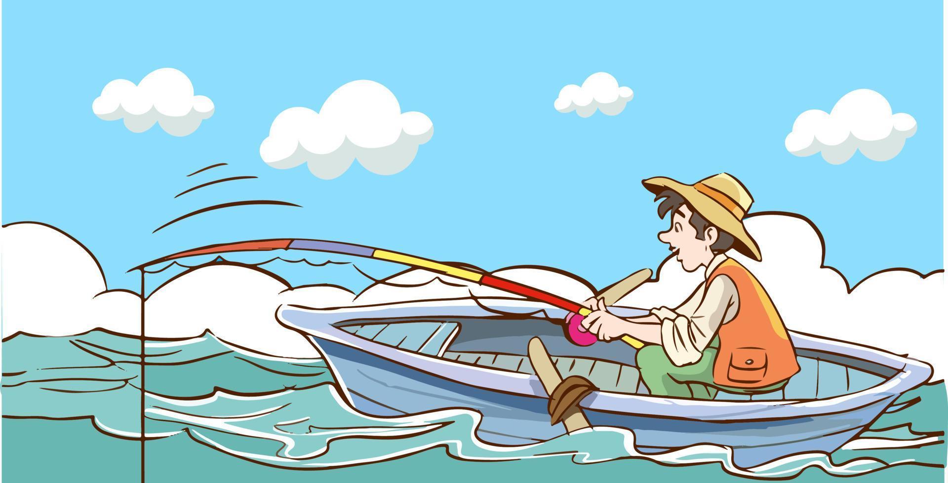 Fisherman sitting in the boat, vector illustration multyashnaya comical, red bearded man seated fisherman with a fishing rod in the boat on the river, hunting for fish, fishing on the water