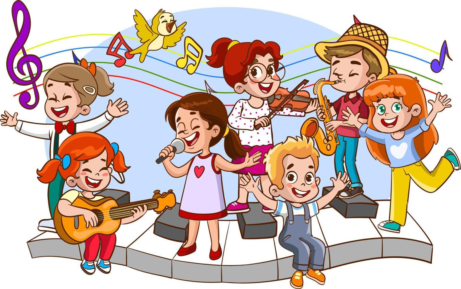 niños canto y bailando dibujos animados vector