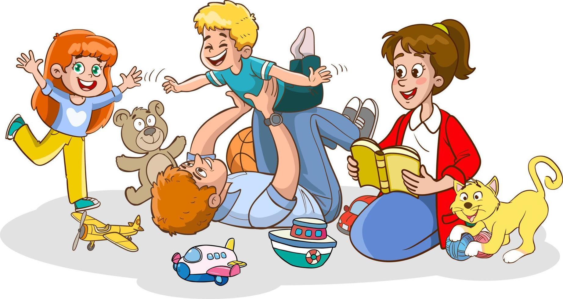 young father and children having fun and playing games together.family having fun vector illustration.