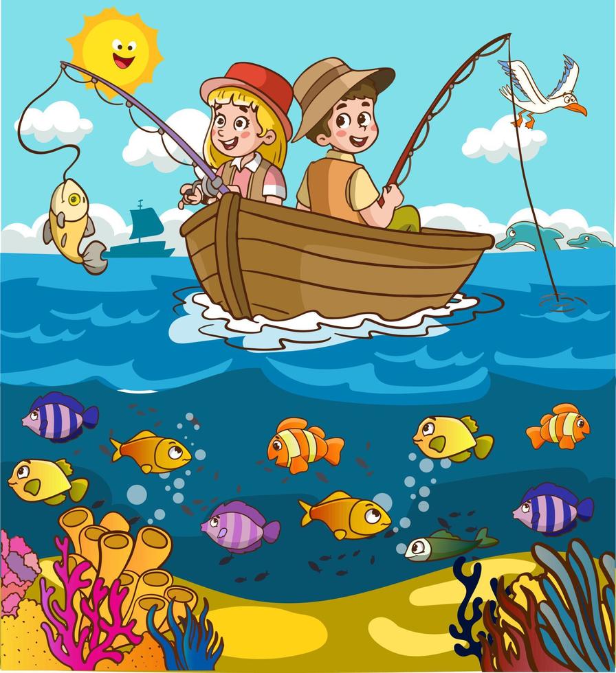 children fishing in the sea cartoon vector