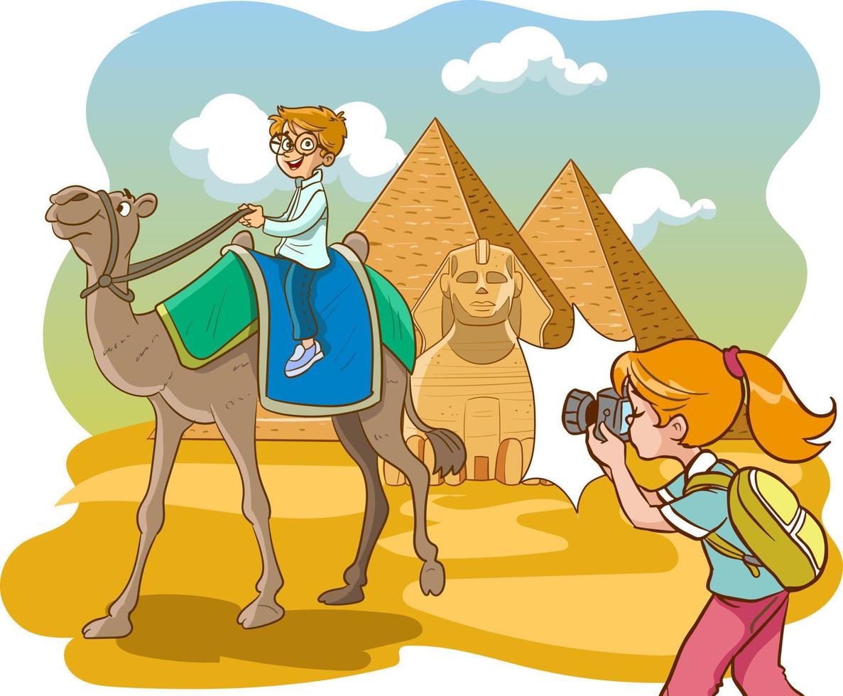 photographer young girl and egyptian pyramids vector
