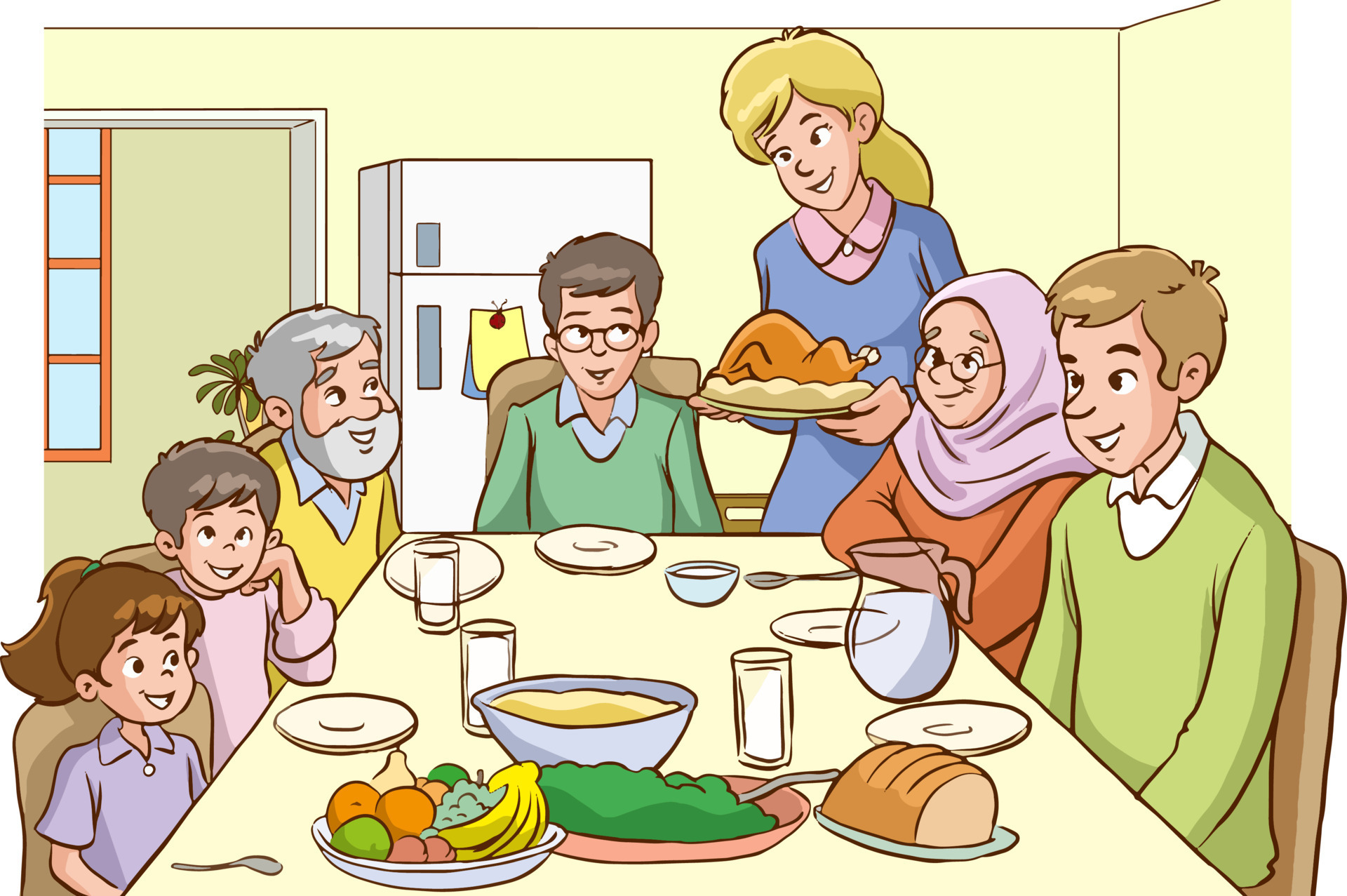 Happy Big Family Eating Dinner Together Vector Illustration 21592971 