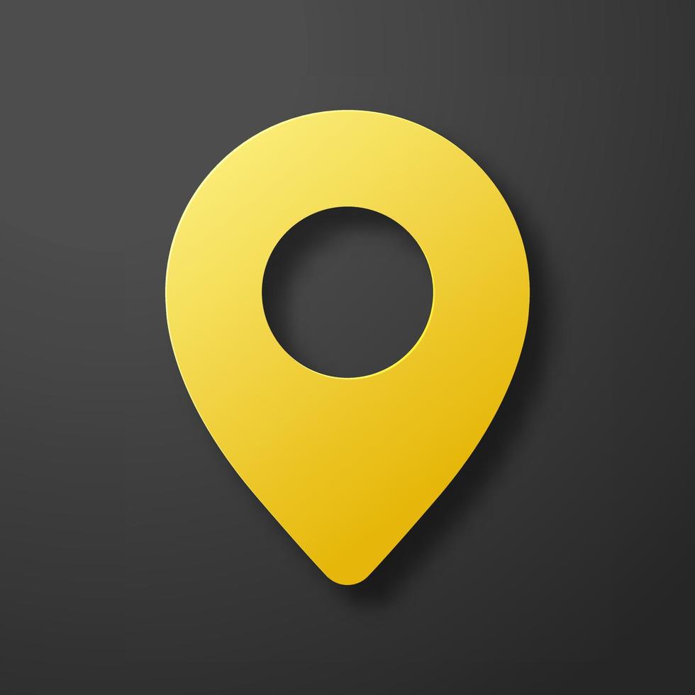habla a mapa alfiler puntero icono. amarillo ubicación con negro antecedentes. 3d papel cortar estilo vector