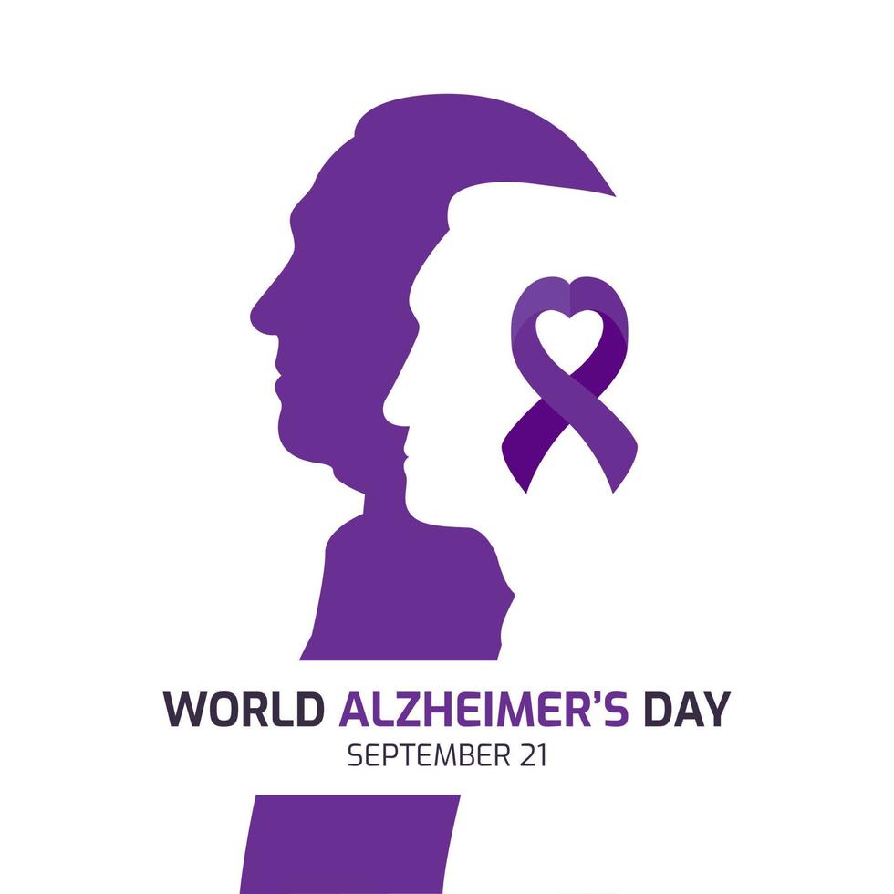 mundo Alzheimer día concepto diseño. Alzheimer conciencia con siluetas de antiguo mujer y hombre ilustración. púrpura cinta vector