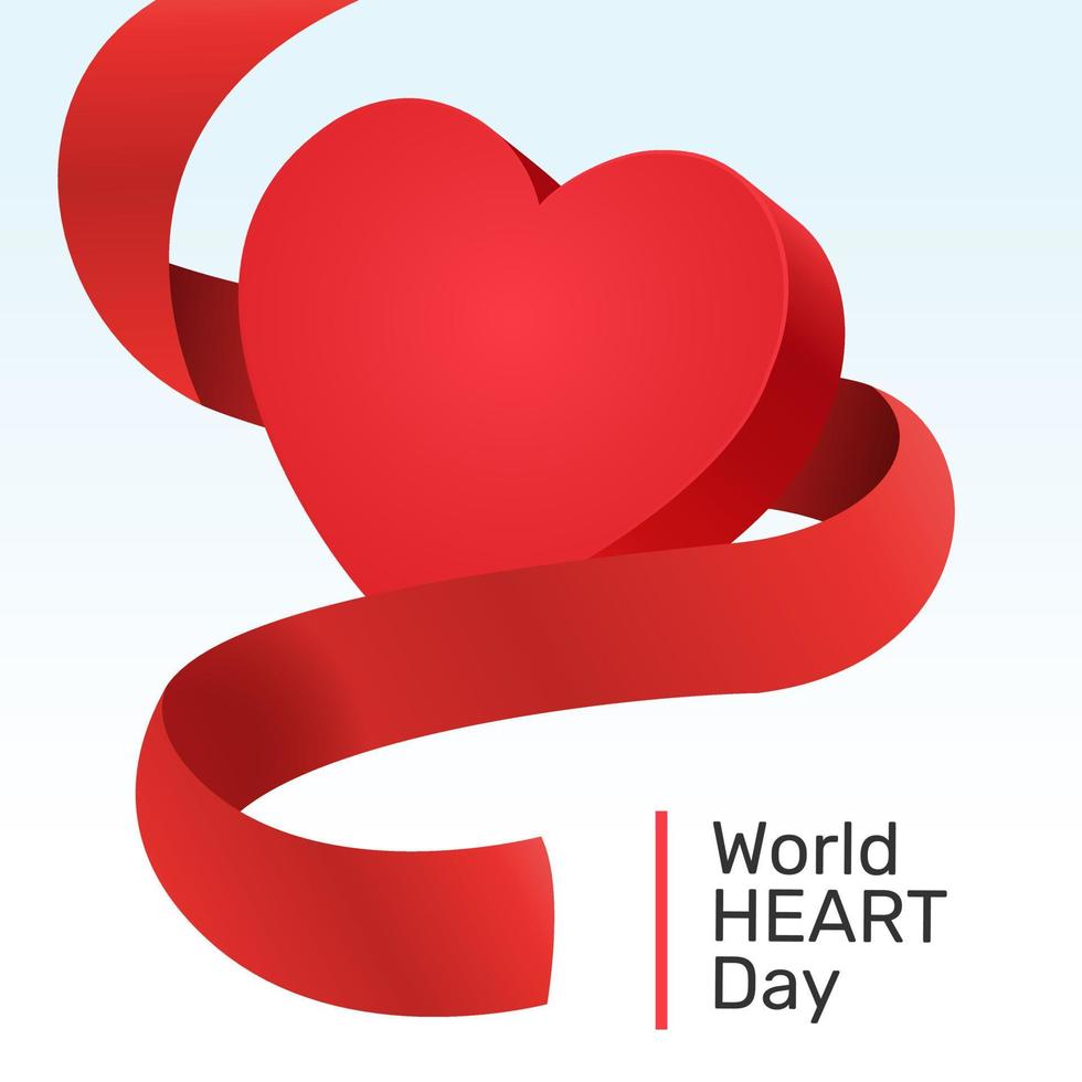 World Heart Day design, realistic heart shape with red ribbon illustration vector