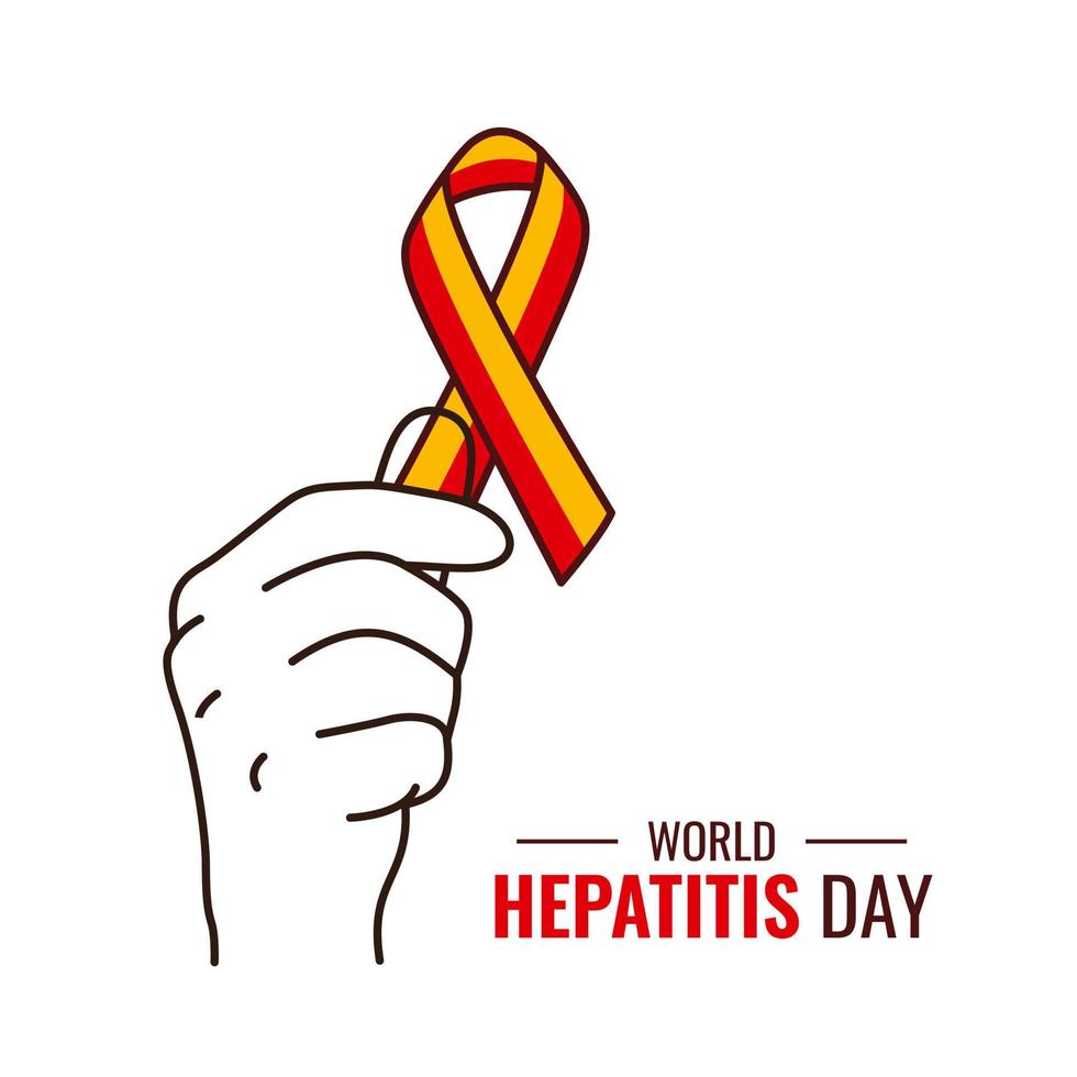 Hand holding red and yellow ribbon for World Hepatitis Day Concept Design. Liver Cancer awareness illustration vector