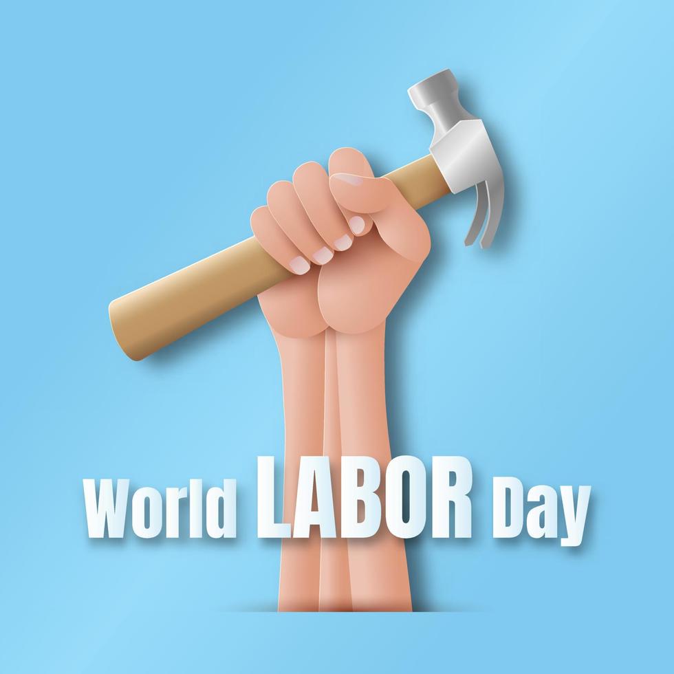 mundo labor día con mano y martillo, papel cortar estilo vector