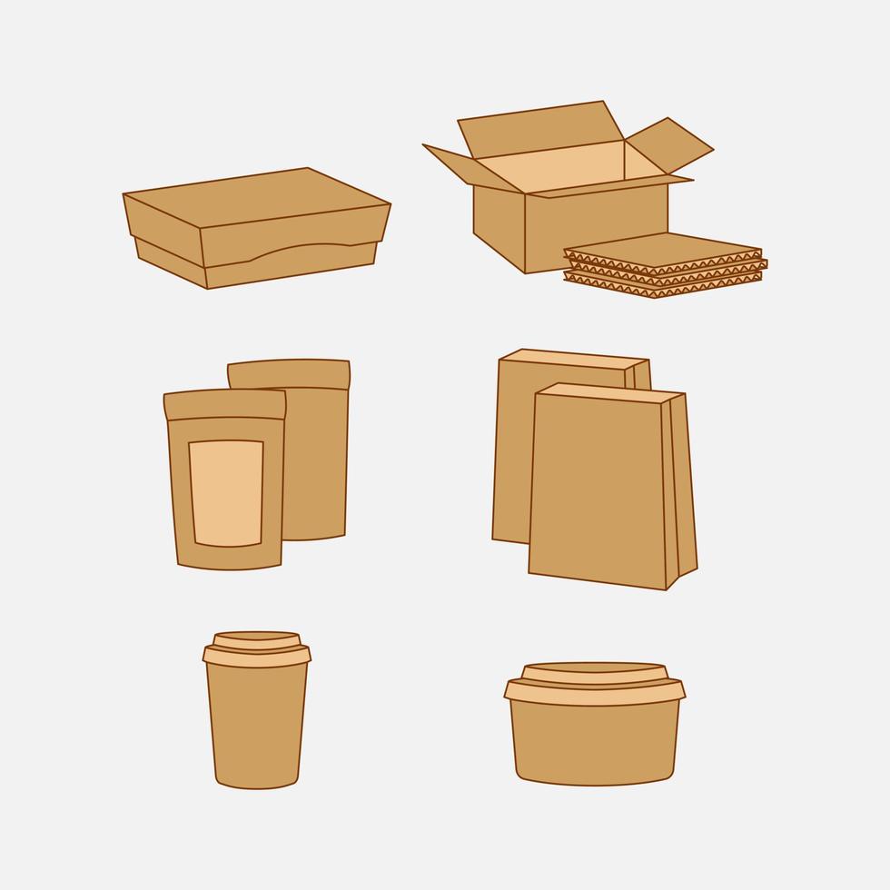 Set of paper packaging box, corrugated box, standing pouch, paper bowl, cup, and bag. Eco friendly package vector