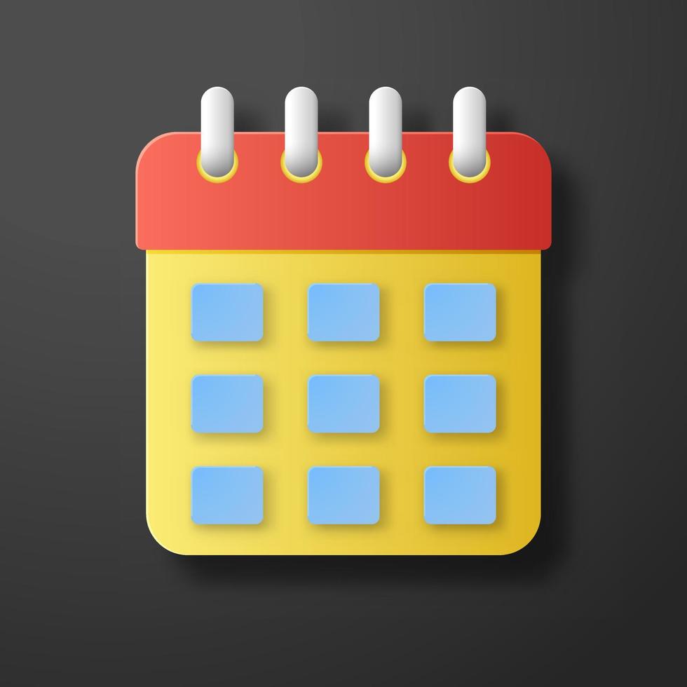 calendario icono. amarillo fecha símbolo con negro antecedentes. 3d papel cortar estilo vector