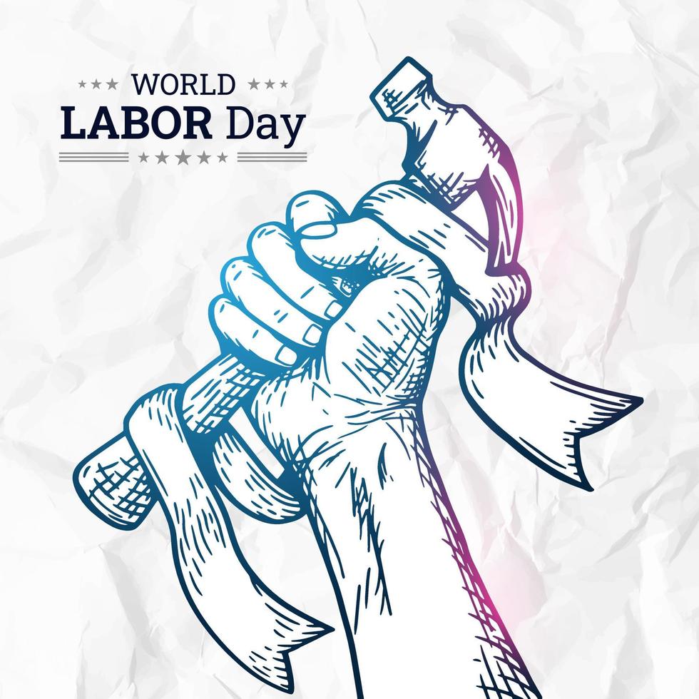Sketch of fist for World Labor day illustration on 1st May with Crumpled paper Background. Labour Day design vector