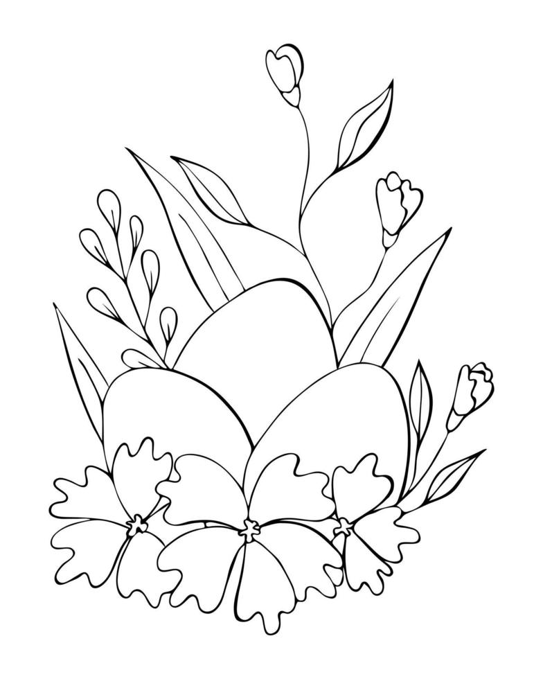 monocromo huevos y flores para Pascua de Resurrección, garabatos, mano dibujo. vector