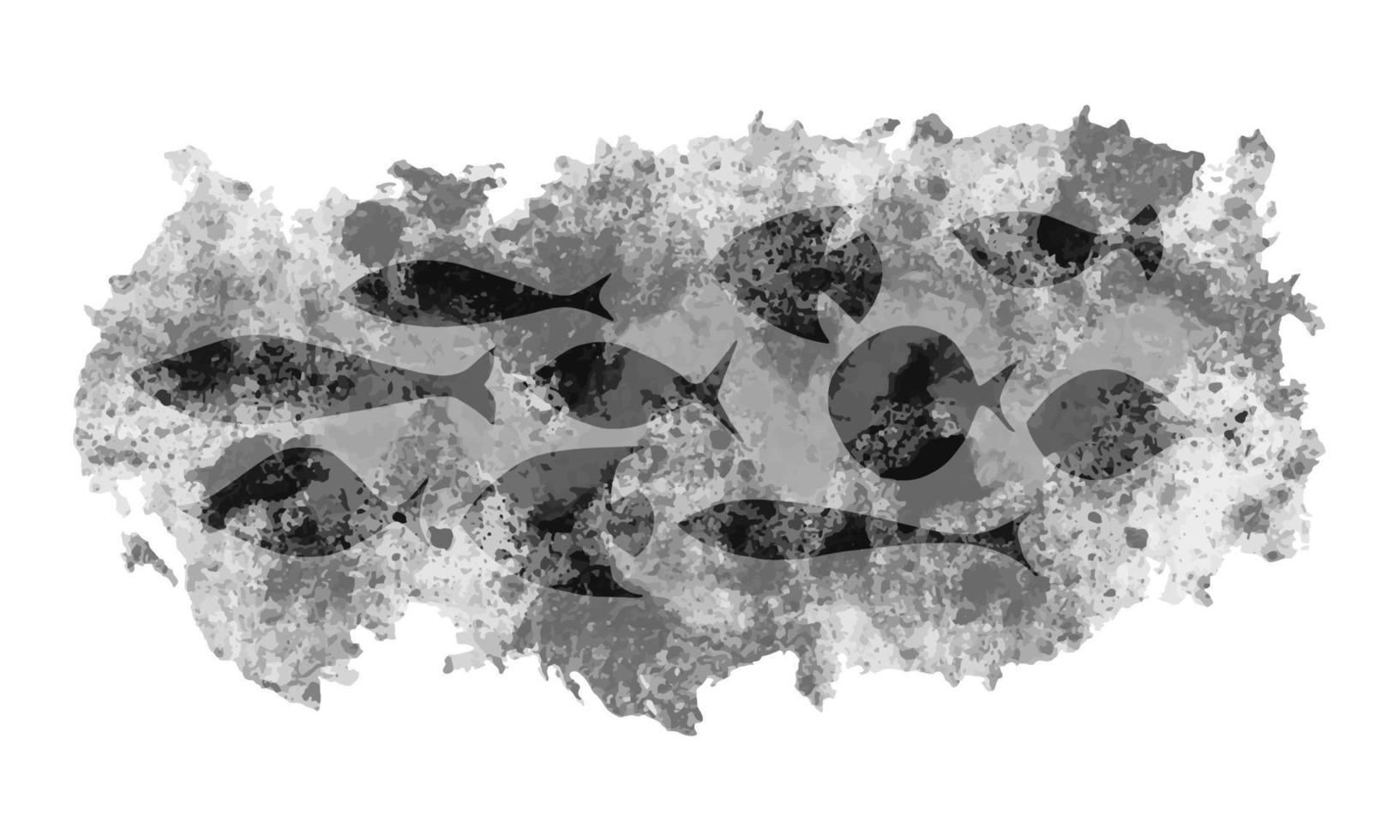 Monochrome watercolor background with fishes, silhouette of fishes, sea spot. vector