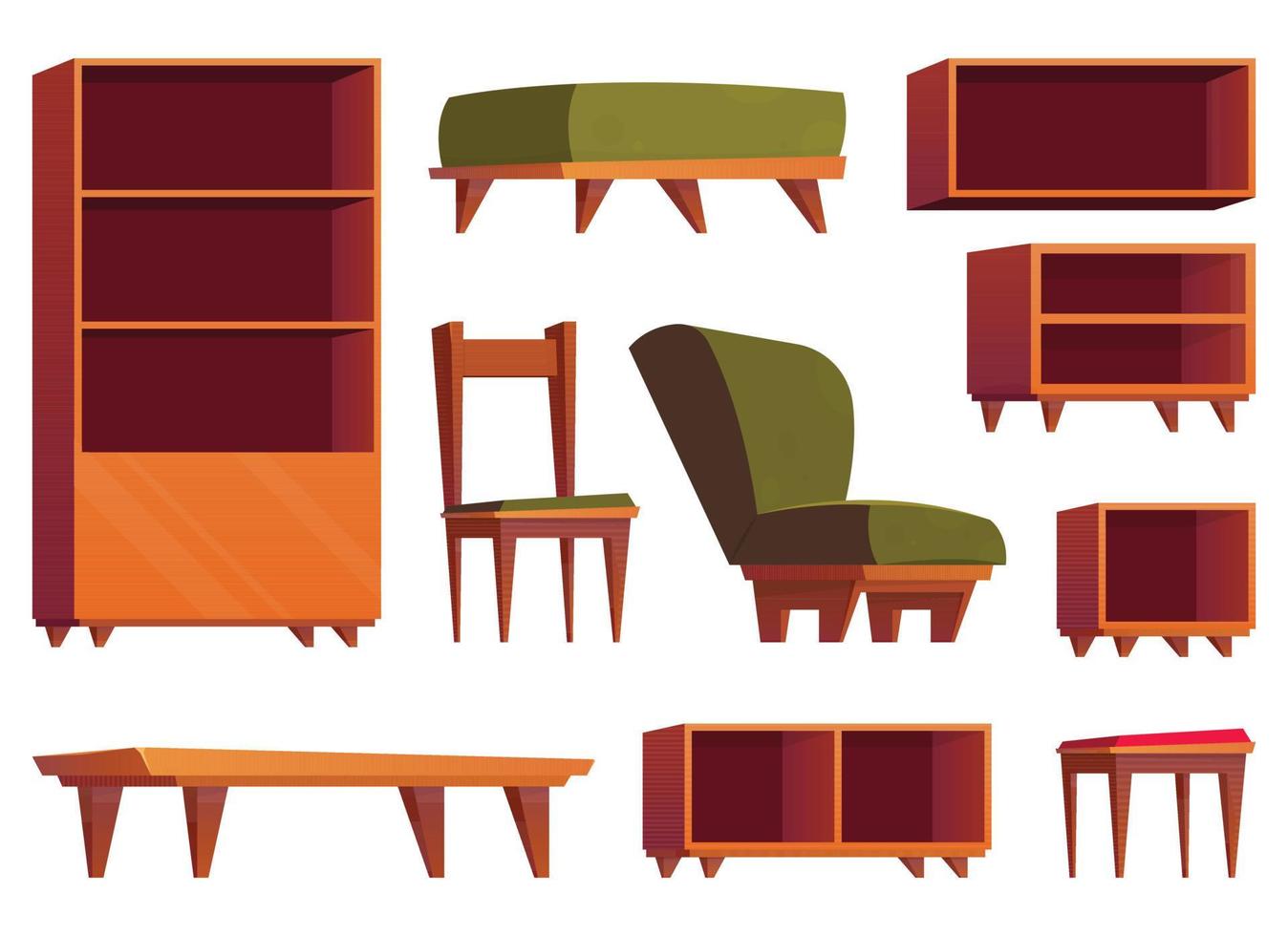 mueble artículos en dibujos animados estilo. colección de de madera armario, silla, mesa y Sillón vector ilustración aislado en blanco