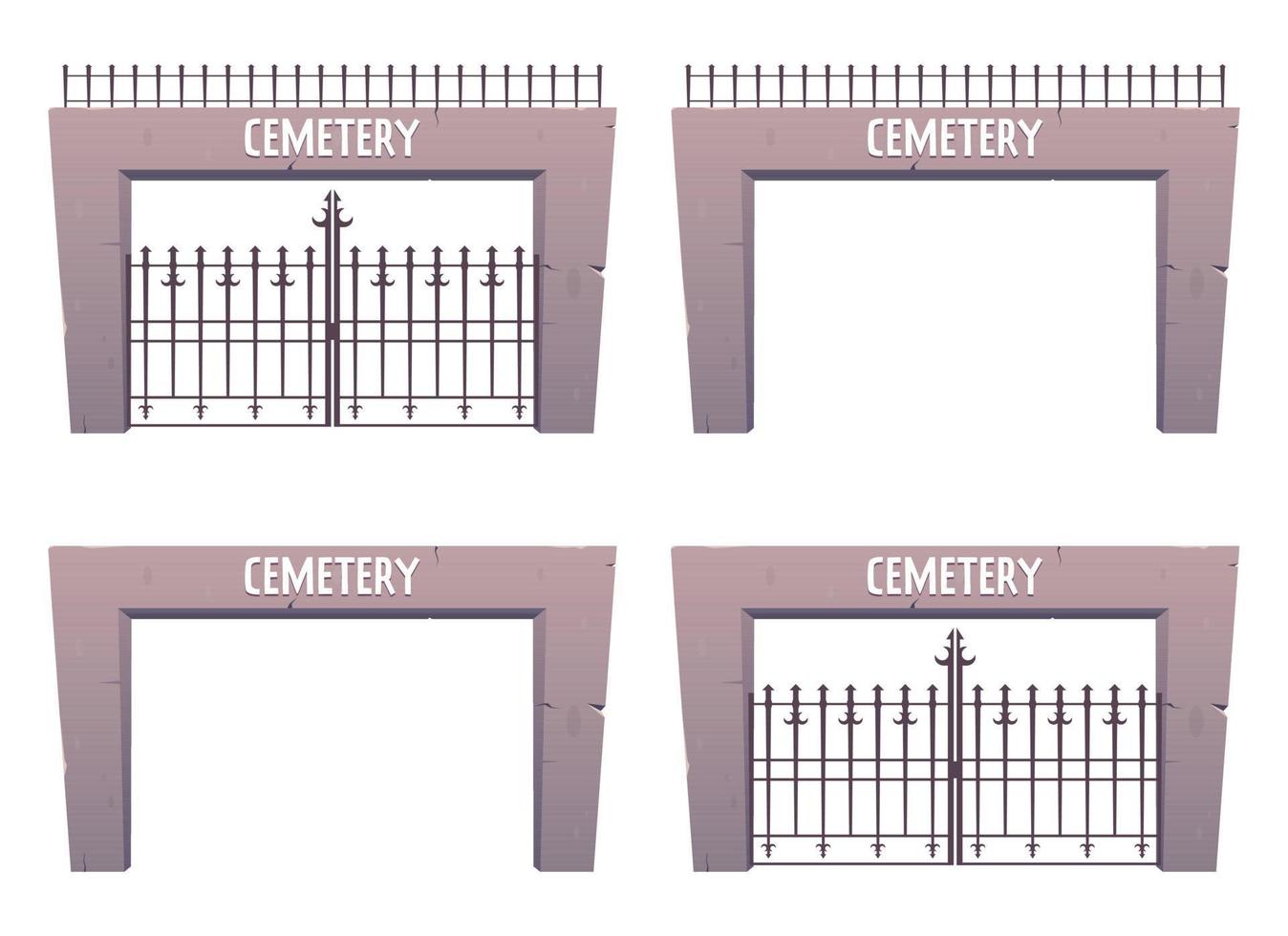 Entrance to the cemetery, steel and stone gates in cartoon style. Vector illustration isolated on white