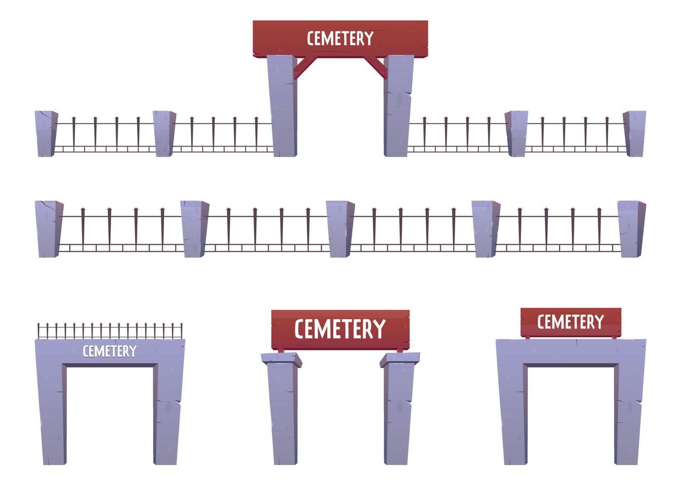 Cemetery fence and entrance to the cemetery in cartoon style. Vector illustration isolated on white