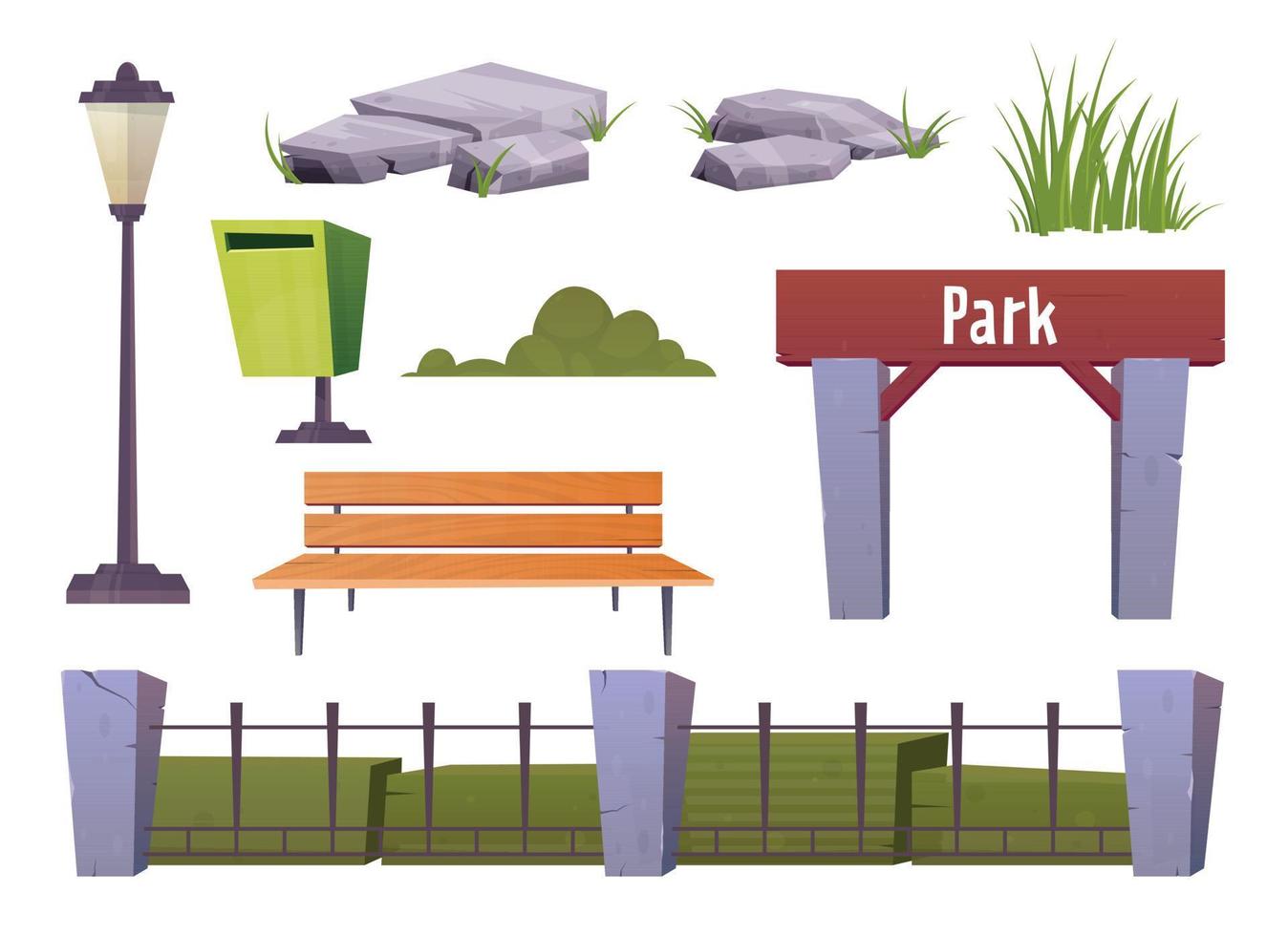 Park landscape elements collection. Vector illustration isolated on white
