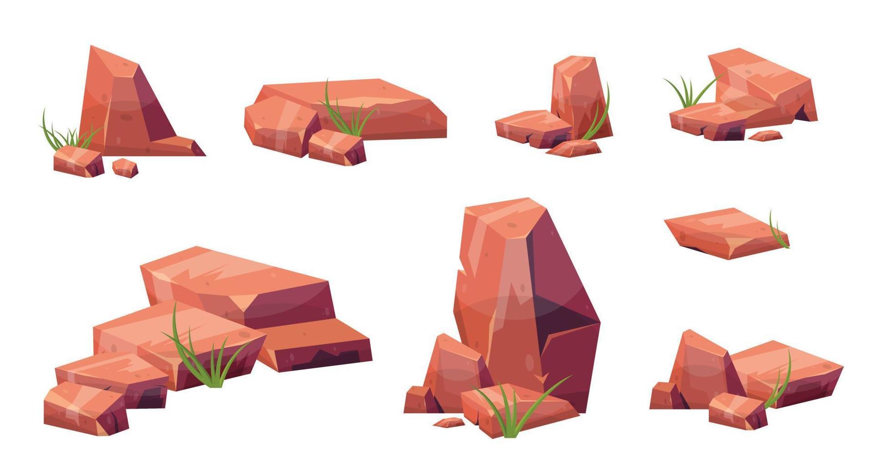 Cartoon stones collection isolated on white. Pieces of mountain rock and desert stones vector illustration