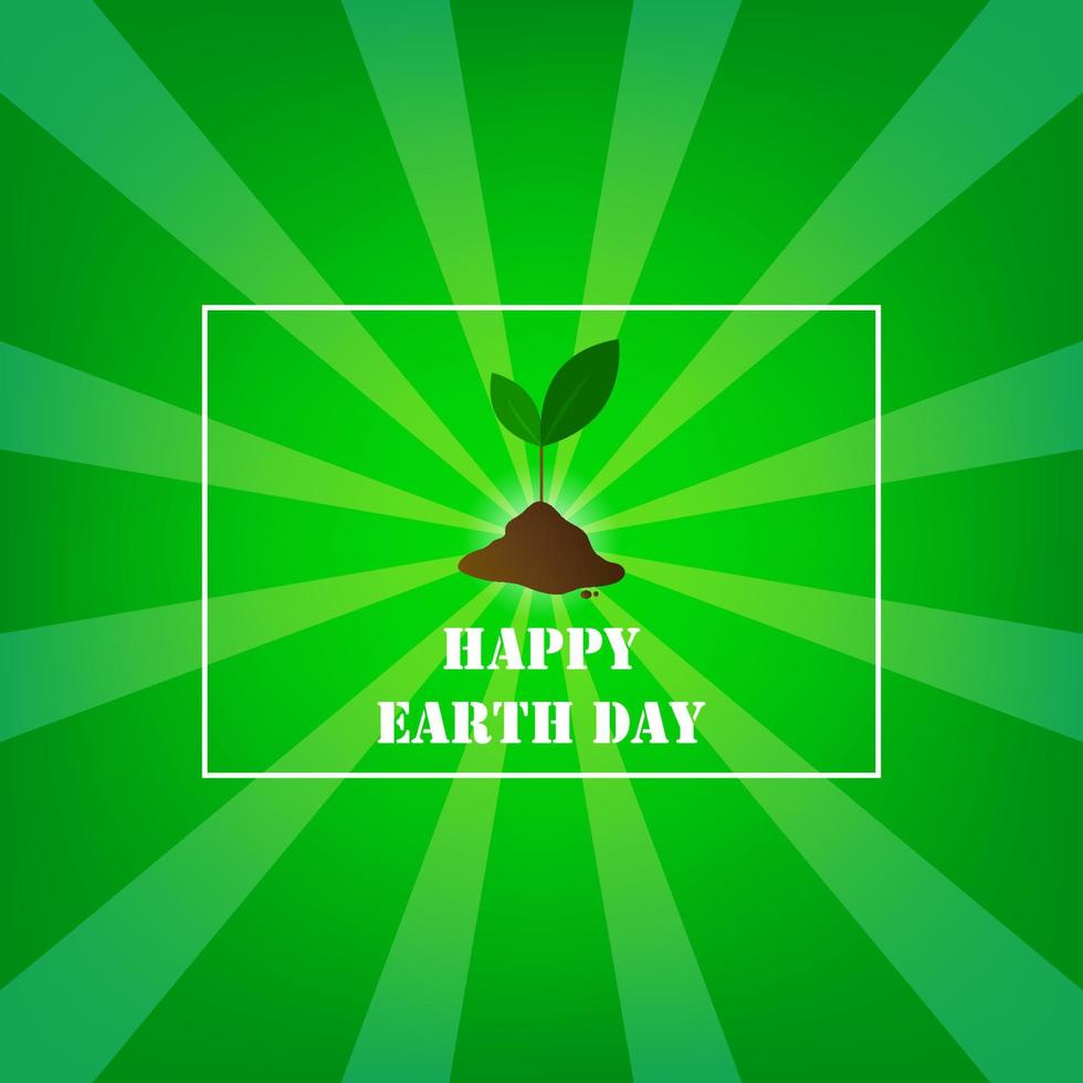 Happy earth day with tree, green leaves and soil on green sunburst background. vector