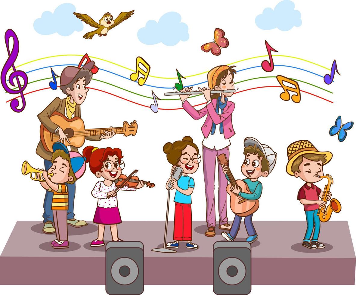 Cartoon group of children singing and dancing in the school choir vector