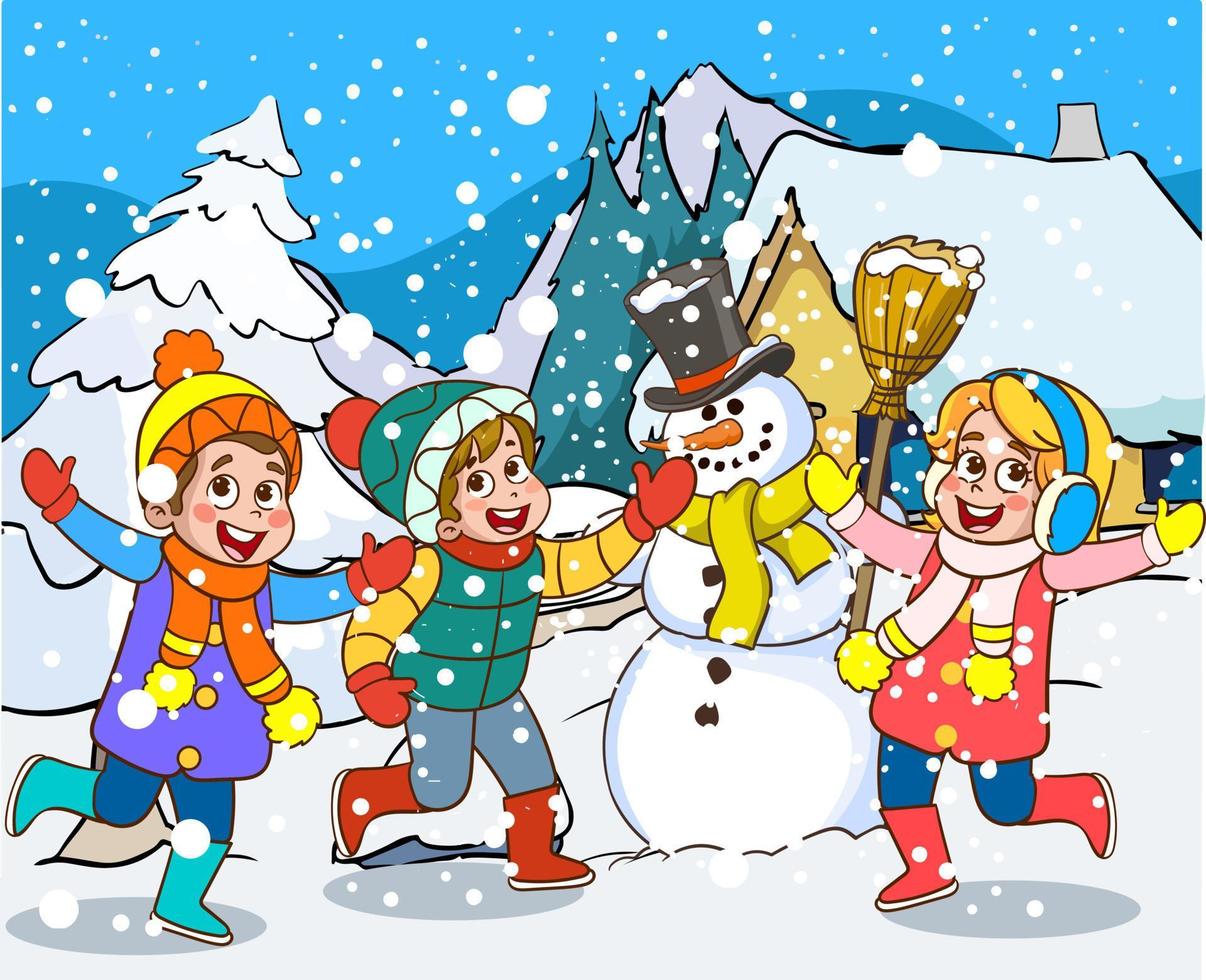 winter snowing and kids having fun making snowman vector