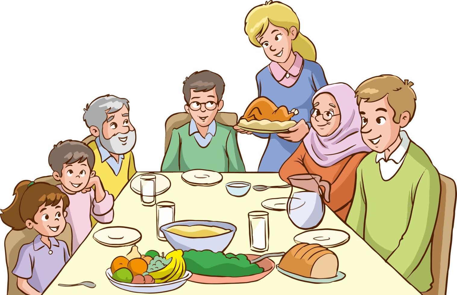 Happy big family eating dinner together vector illustration