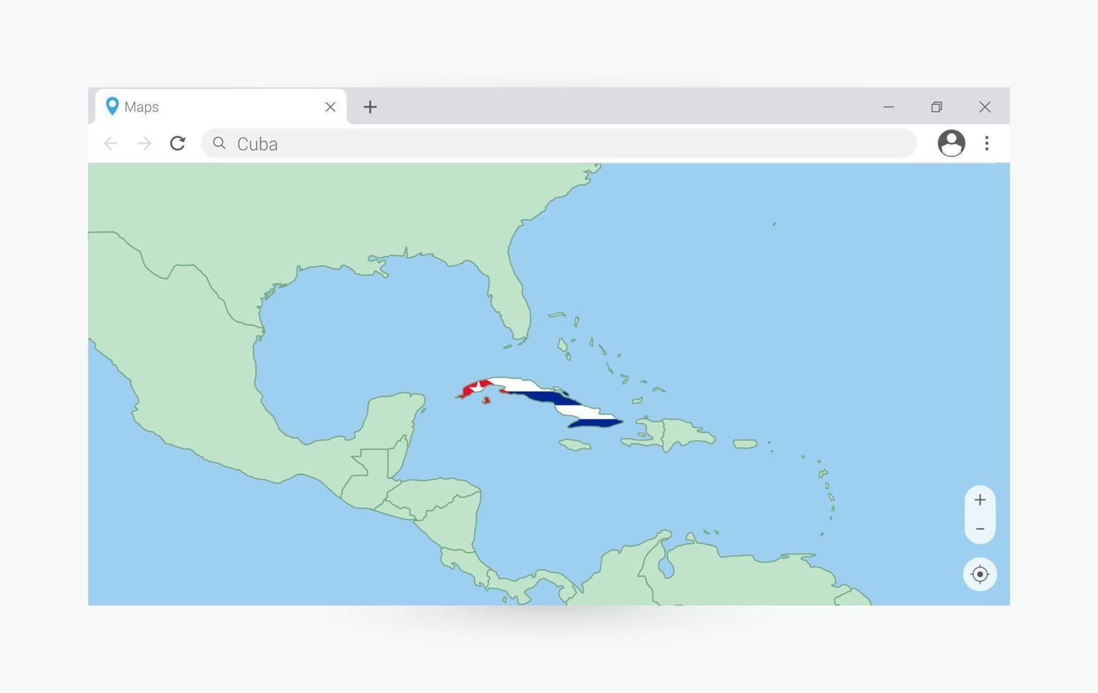 Browser window with map of Cuba, searching  Cuba in internet. vector
