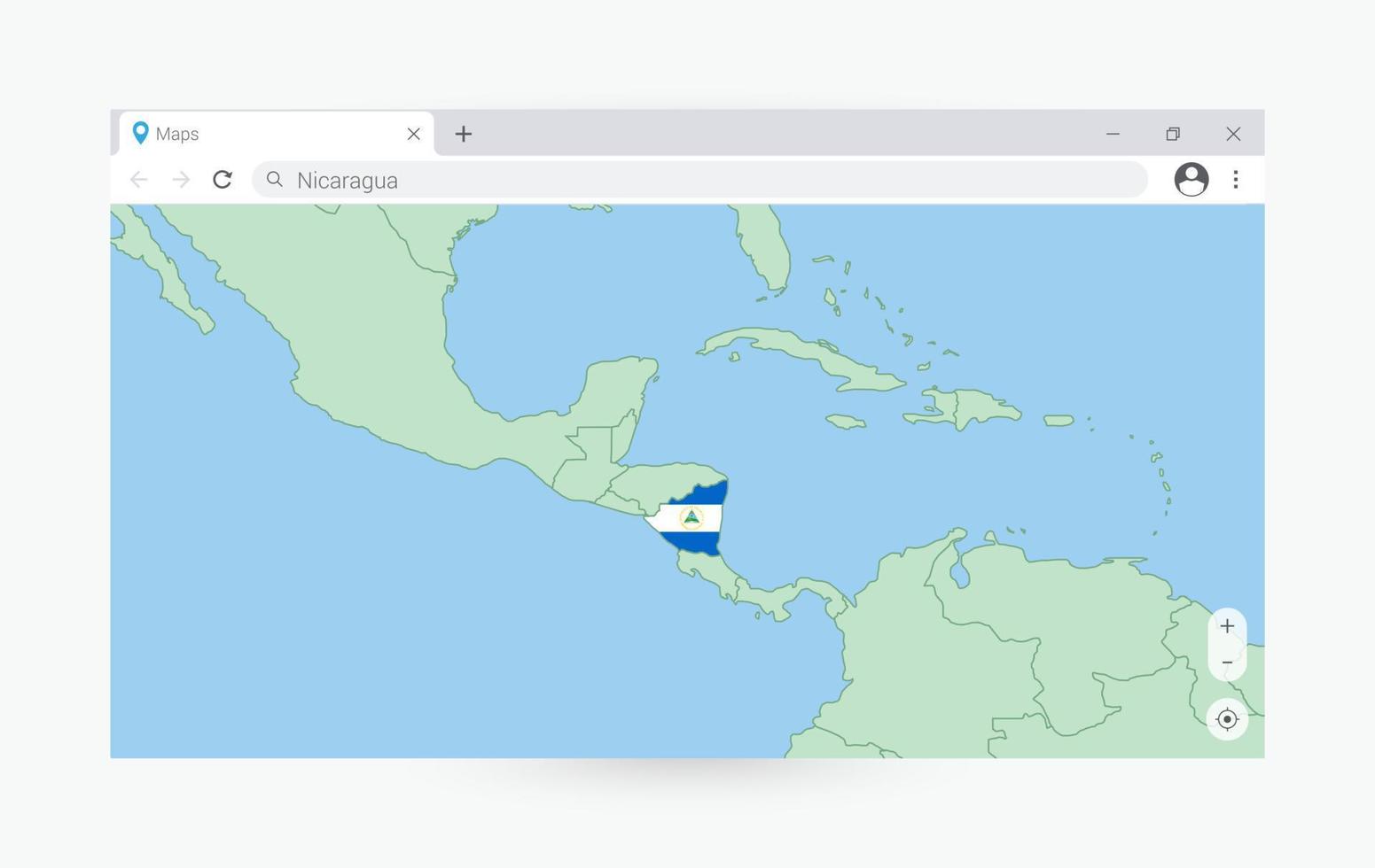 Browser window with map of Nicaragua, searching  Nicaragua in internet. vector