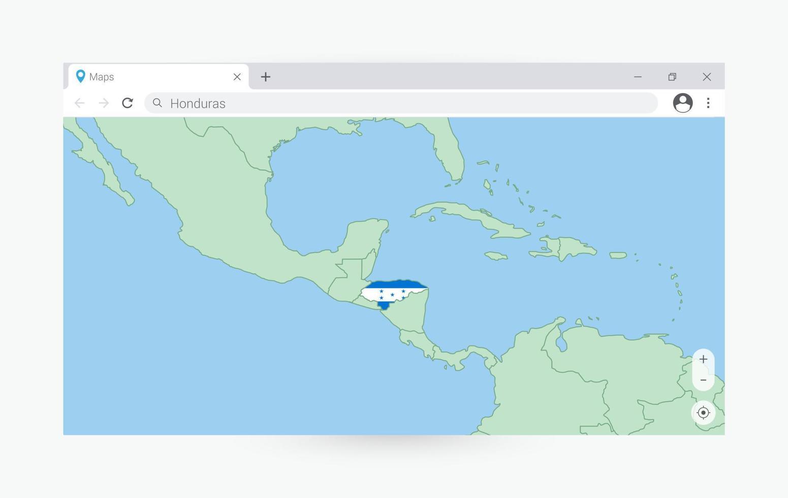Browser window with map of Honduras, searching  Honduras in internet. vector
