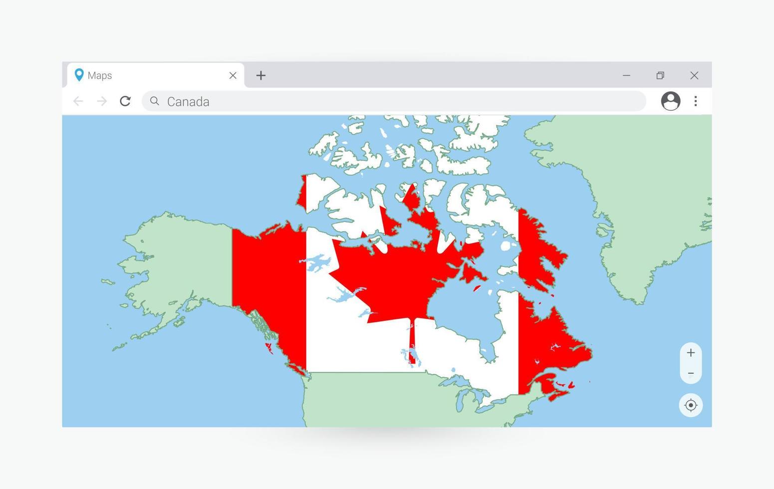 Browser window with map of Canada, searching  Canada in internet. vector