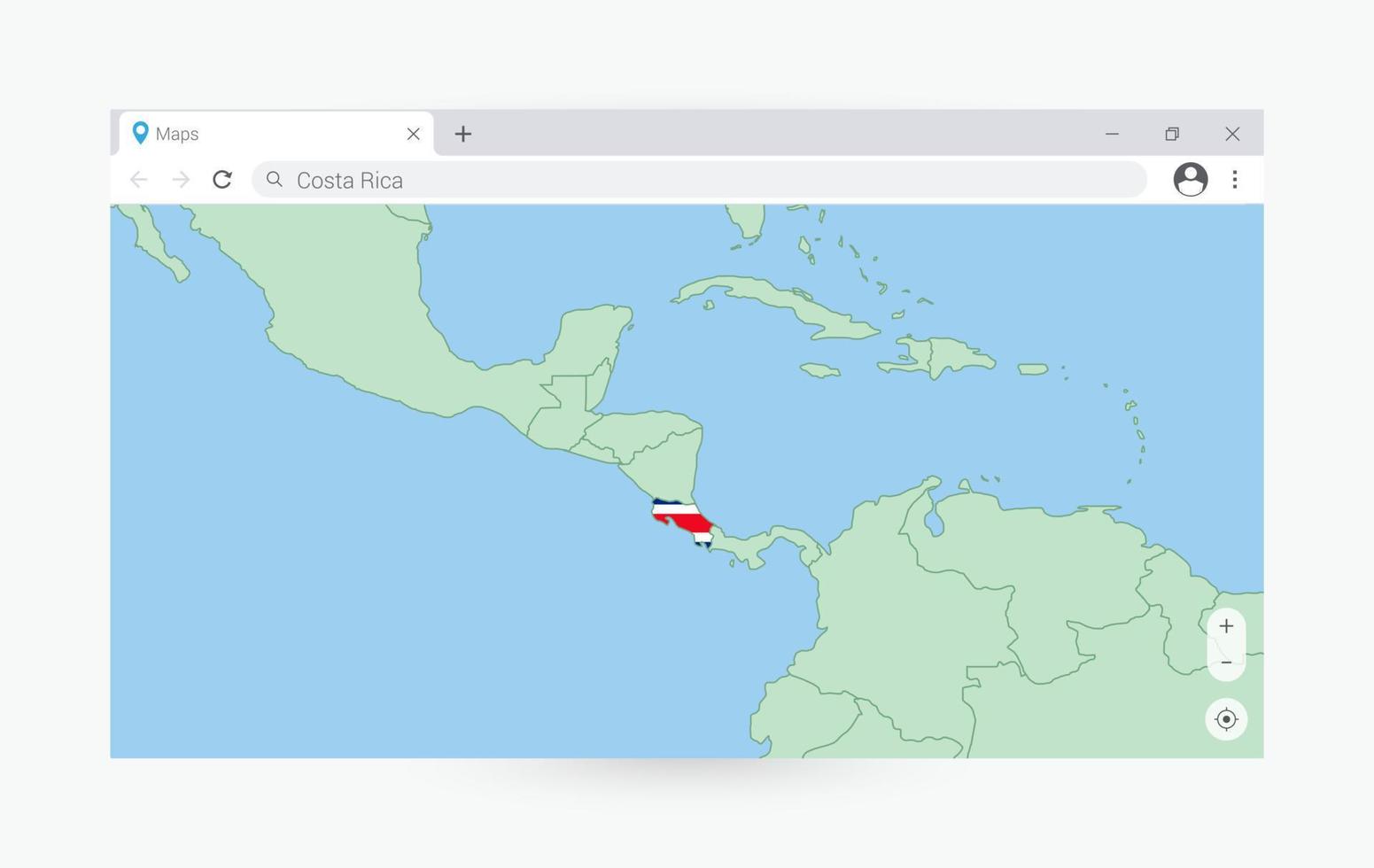 Browser window with map of Costa Rica, searching  Costa Rica in internet. vector