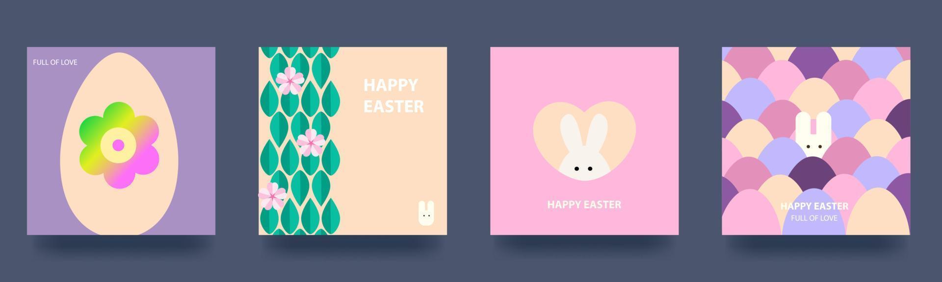 Happy easter. Set of spring holiday cards with rabbit, eggs and flowers. Backgrounds in pastel colors. Geometric style. Vector illustration
