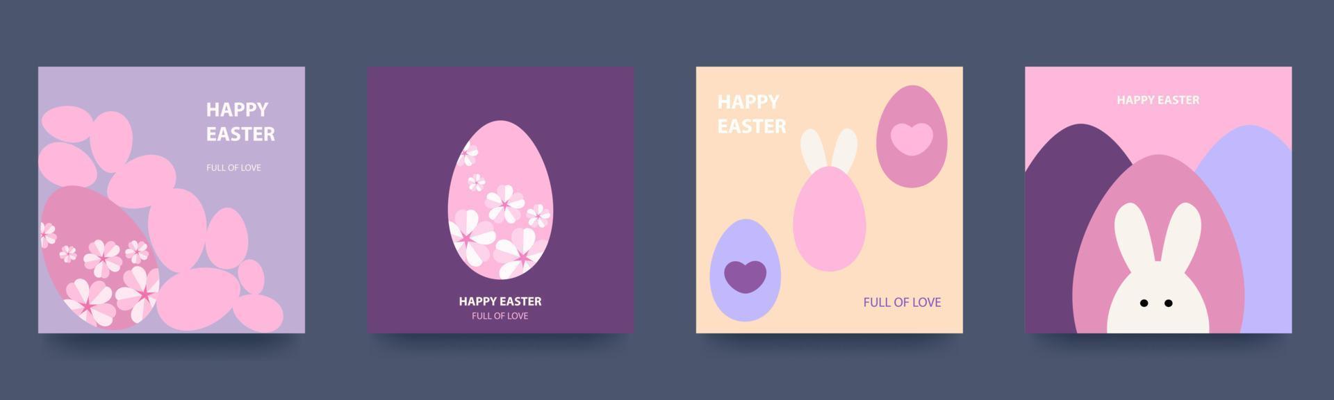 Happy Easter. Set of spring geometric cards with rabbit, eggs and flowers. Backgrounds in pastel colors. lilac tone. Vector illustration