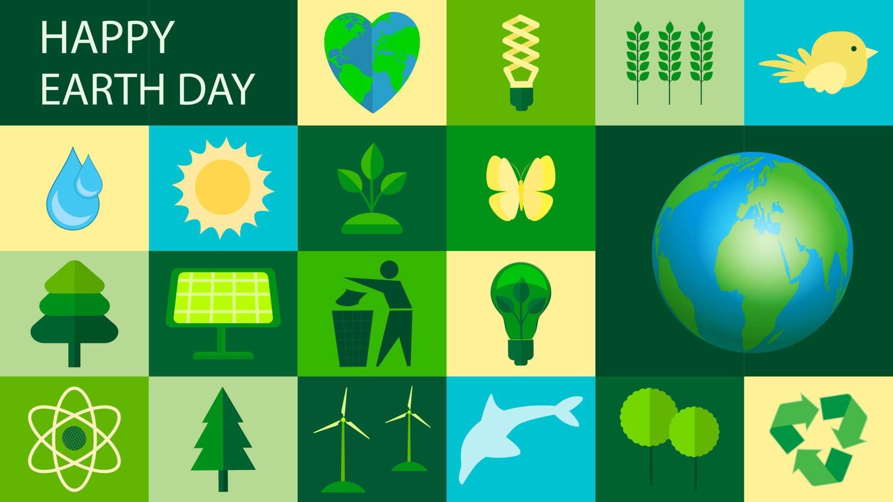 Happy Earth Day. 22 April. Let s save the Earth. Icons with ecological themes. Template for background, banner, postcard. Vector illustration