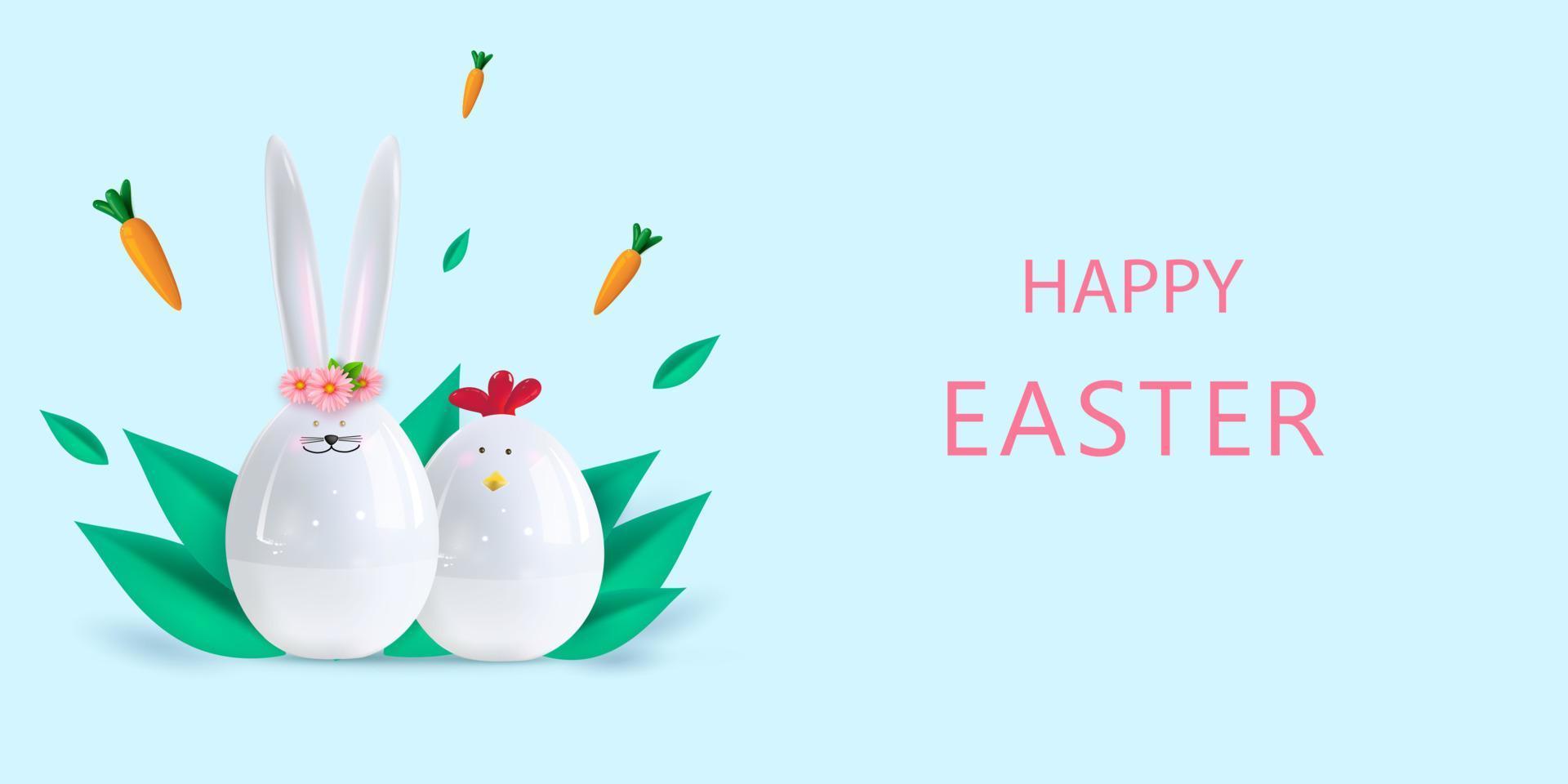 Happy easter. Ceramic figurines of a rabbit and a chicken on a light background. Flying carrots.Gift card voucher template, modern poster, creative banner. Vector illustration