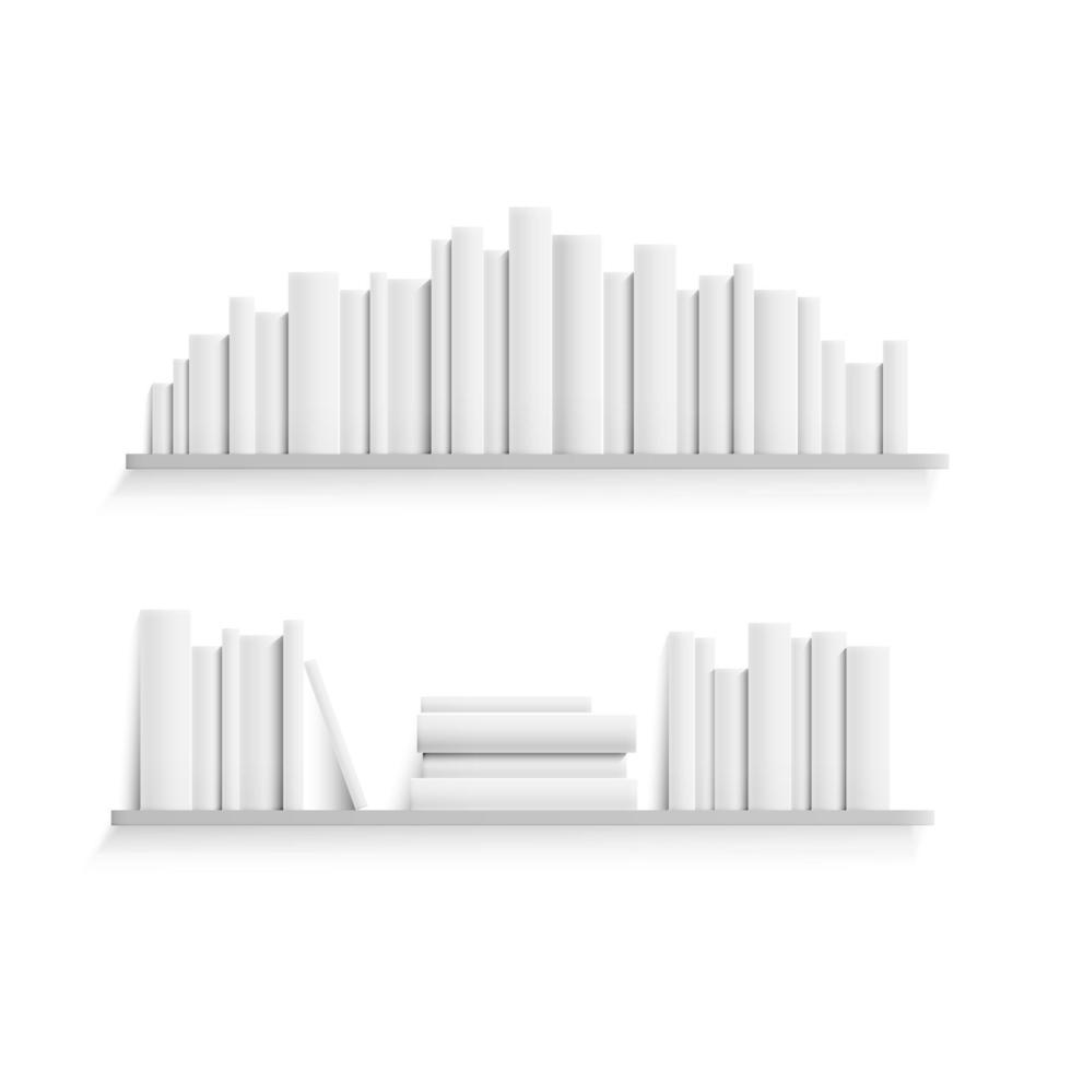 Mockup of bookshelf with blank white books on wall. Realistic stack of paper books. Vector illustration isolated on white background