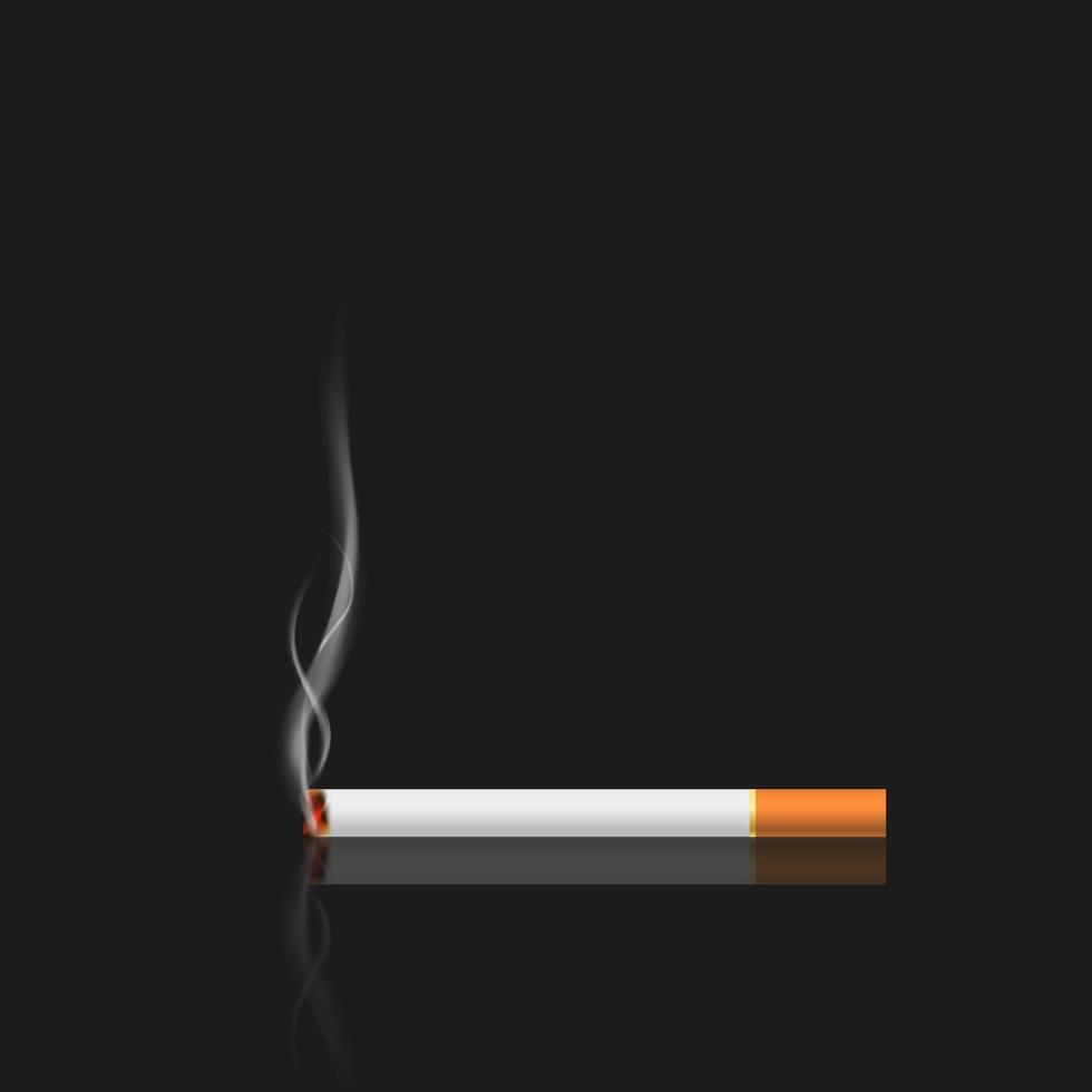 Cigarette with smoke isolated on black background with reflection. Vector illustration