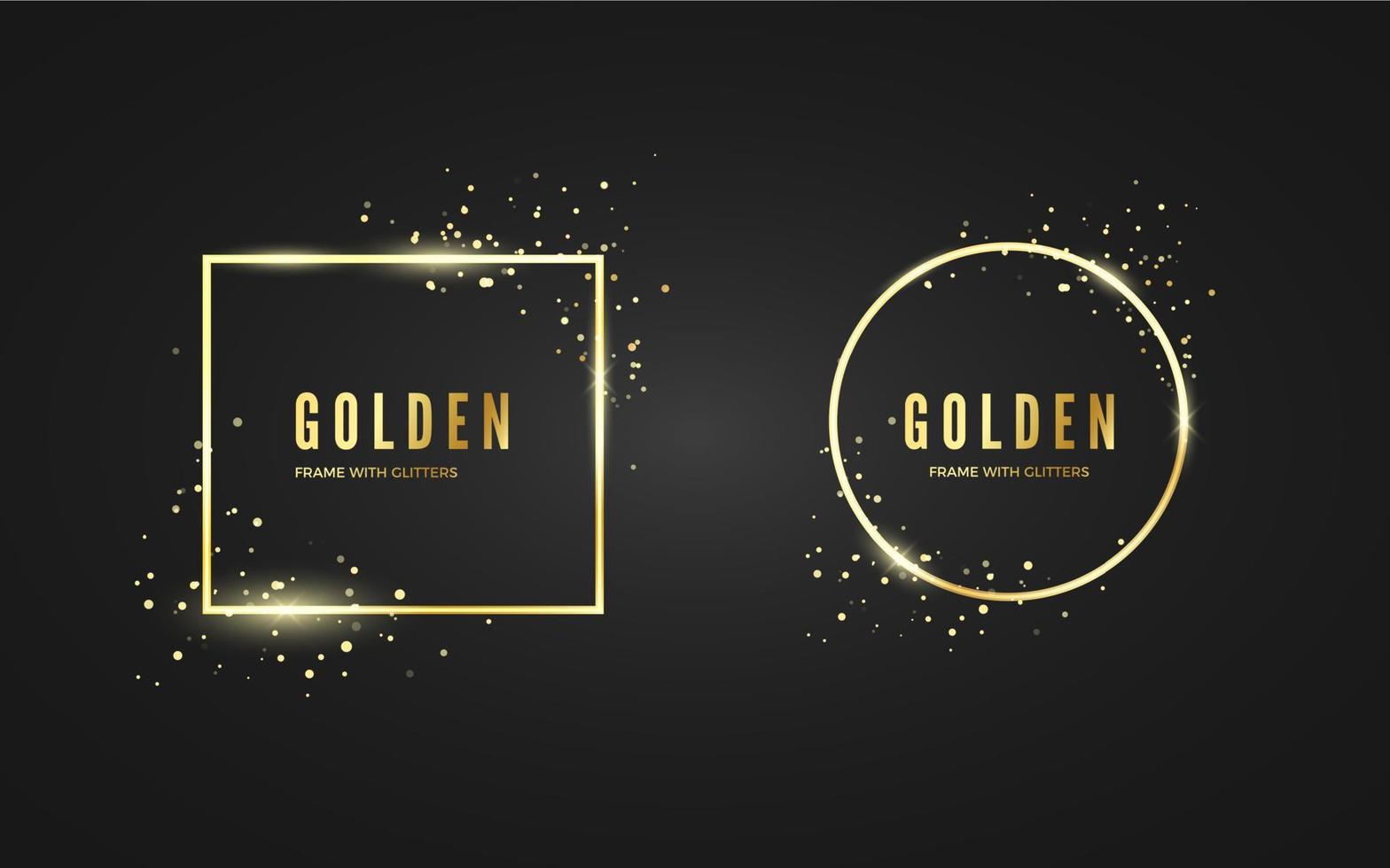 Abstract Golden Frame with glitter and sparcle effect for banner and poster. Gold square ans circle shape frames.  Vector illustration isolated on black background