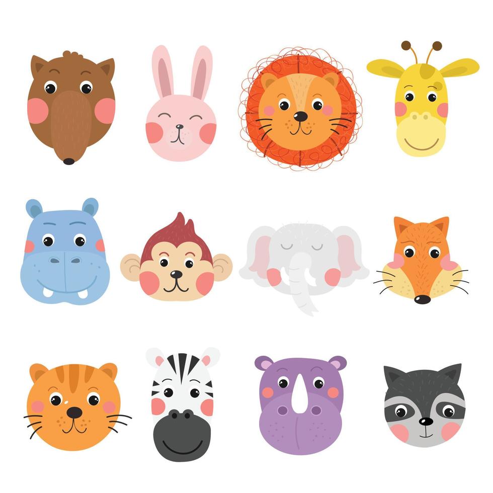 Cute Wild Animals Face Set. vector